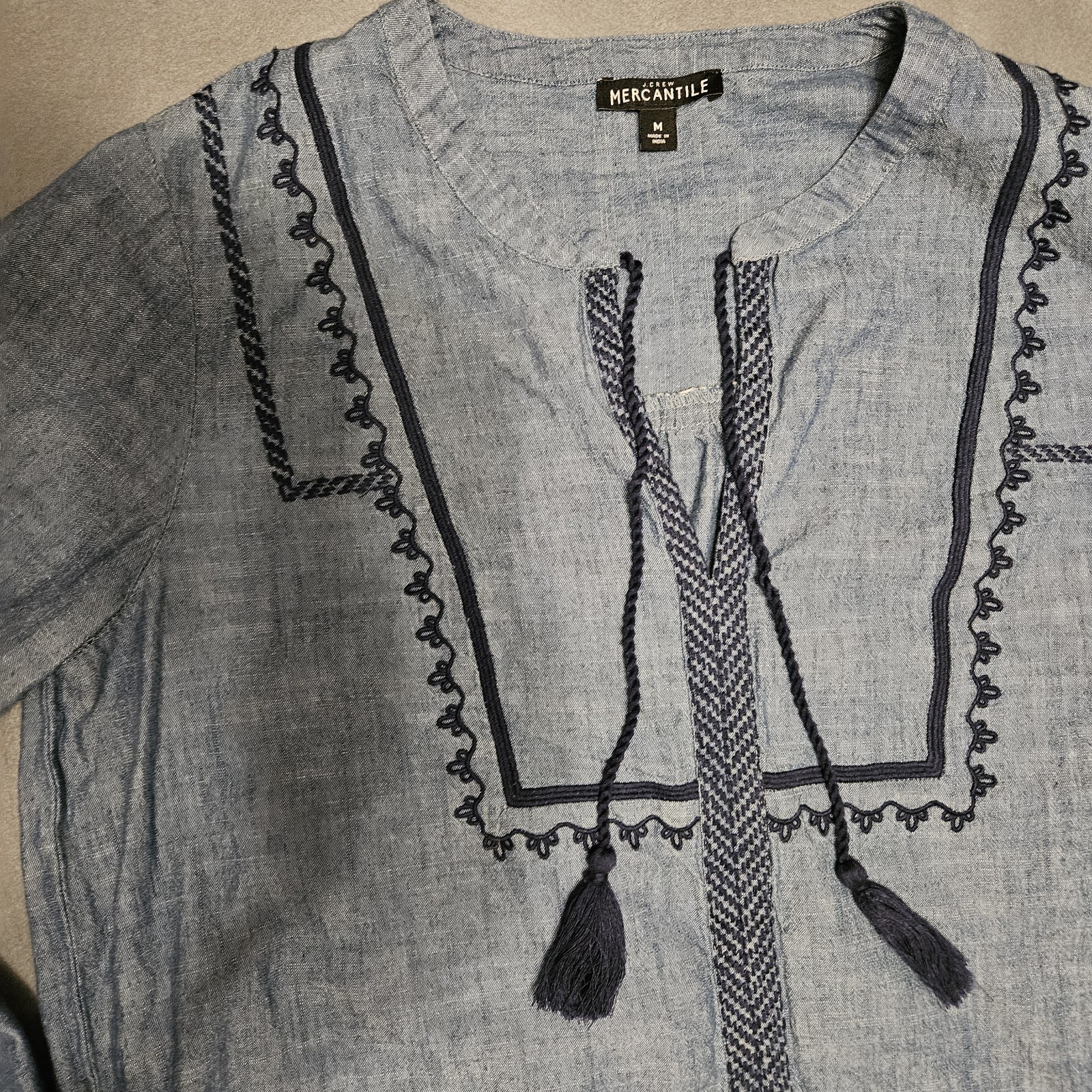 J.CREW Mercantile Blue Chambray Embroidered Tassel Tie Split Neck Blouse M