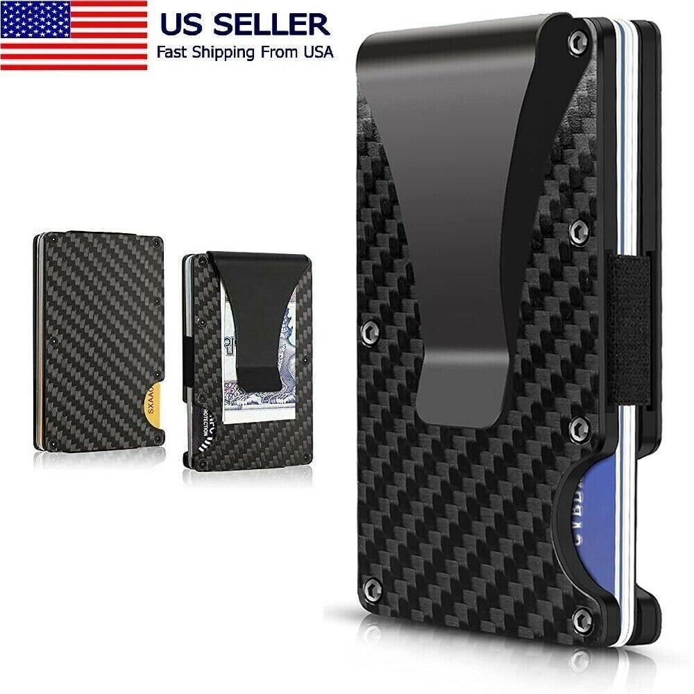 Men’s RFID Blocking Slim Money Clip Carbon Fiber Wallet ID Credit Card Holder