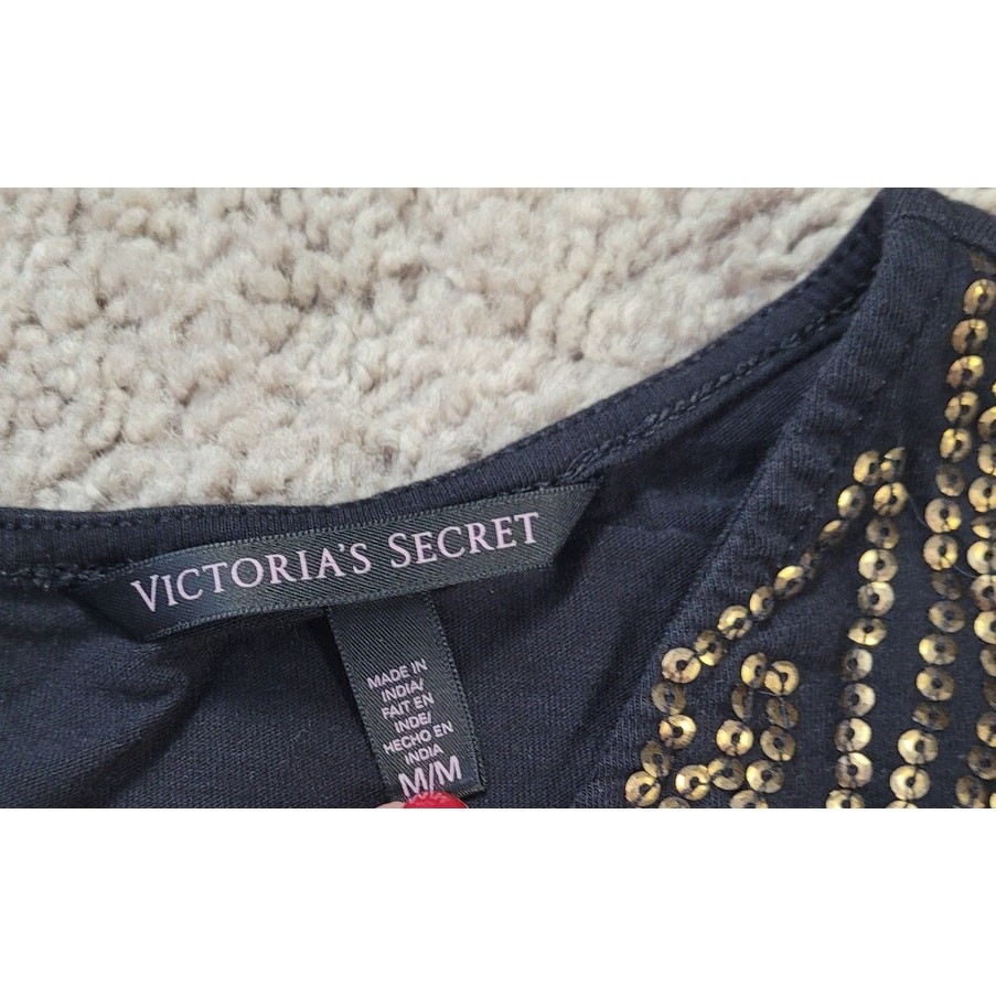 Victoria’s Secret Y2K Black Gold Embellished Blouse Deep V Babydoll Rocker M