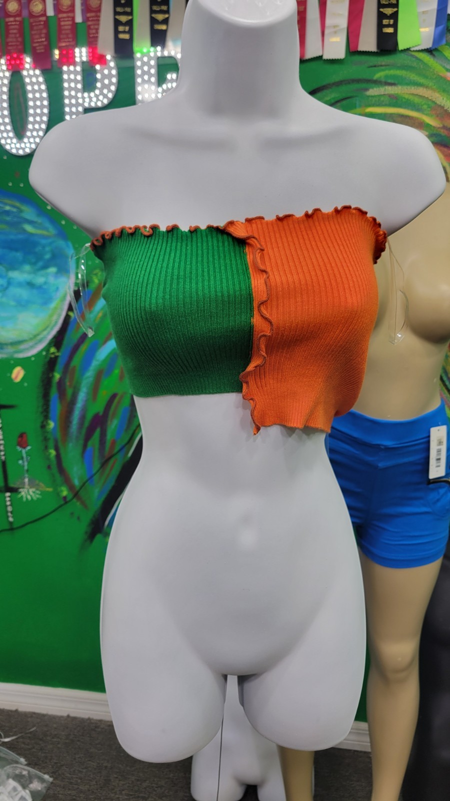 Women’s Green/Orange Colorblock Strapless Ribbed Knit Tube Crop Top S