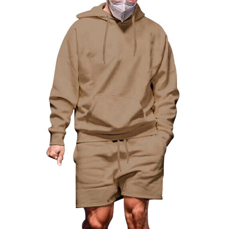 2PC Mens Long Sleeve Hoodie+Shorts Tracksuit Set Casual Baggy Solid Outfit Suit