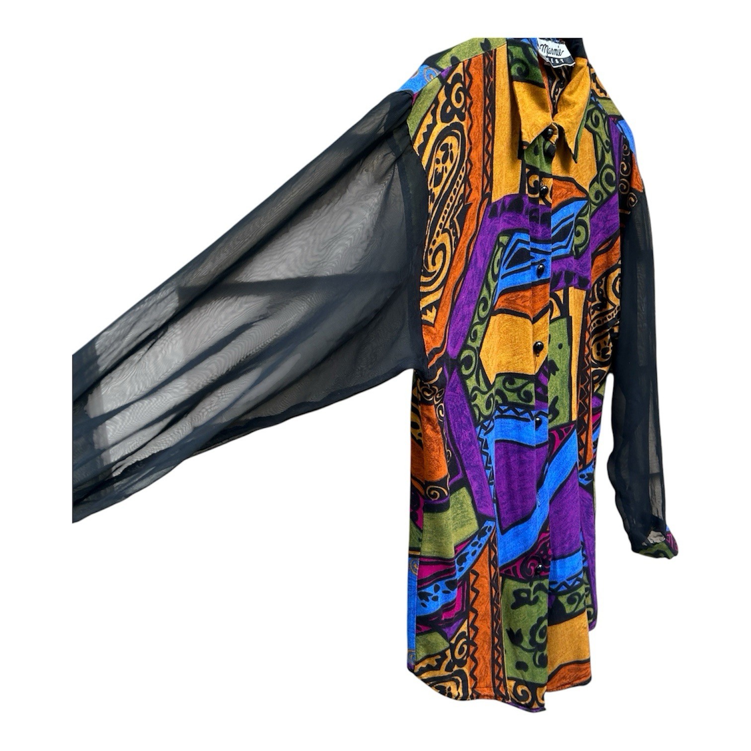 90s Vintage Marine West Jewel Tone Abstract Print Sheer Sleeve Button Up Blouse