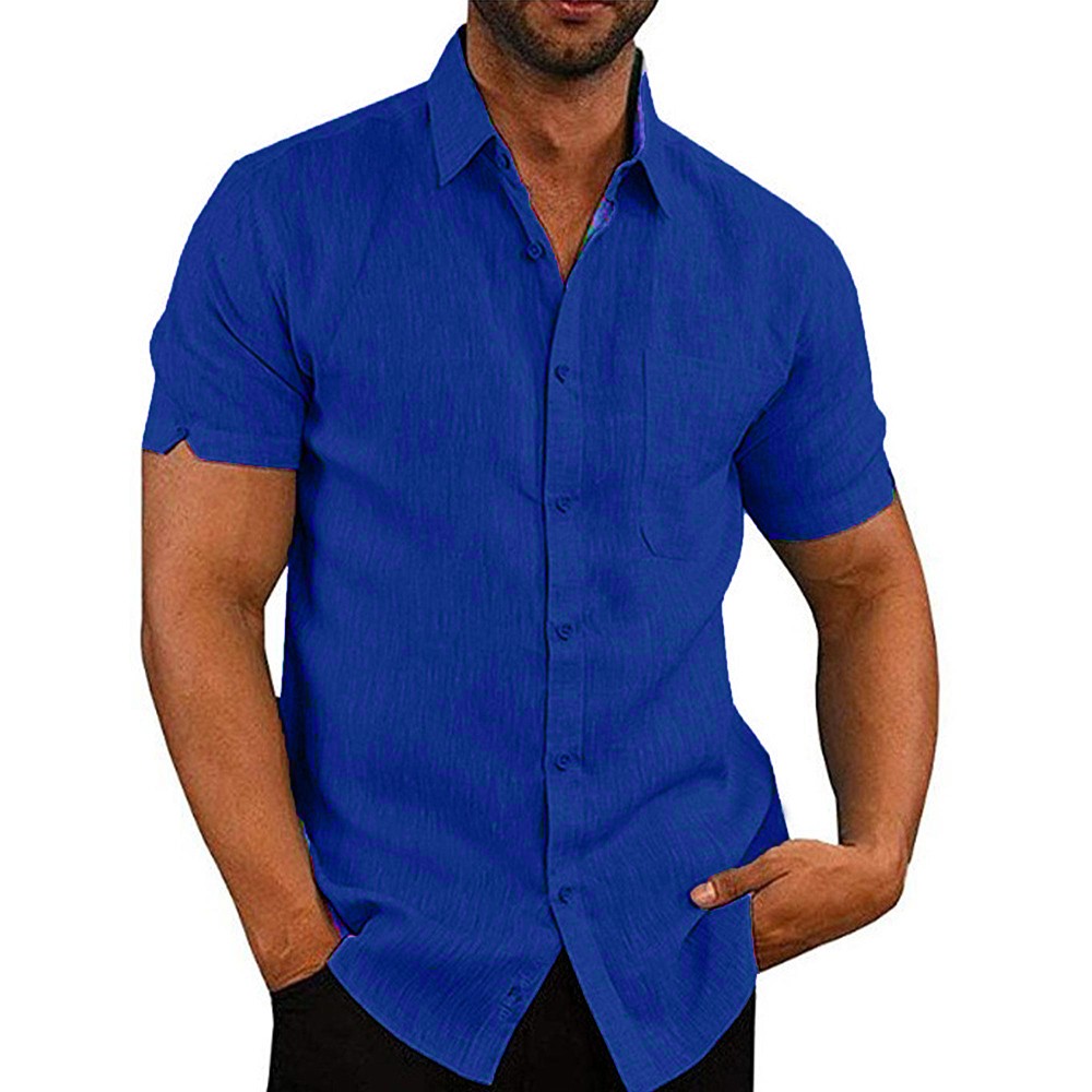 Mens Solid Short Sleeve Button Turn Down Collar Casual Blouse Casual T-shirt Top