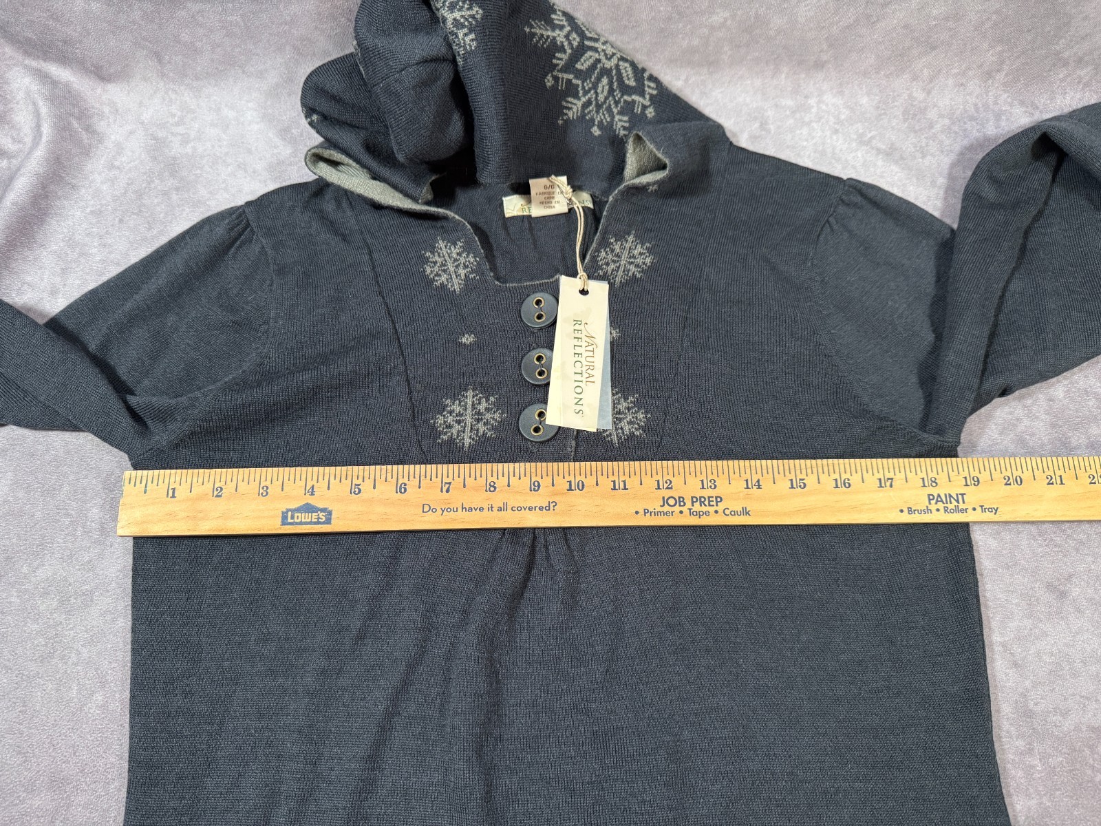 New Natural Reflections Wool Blend Sweater Hooded Snowflakes Buttoned LARGE