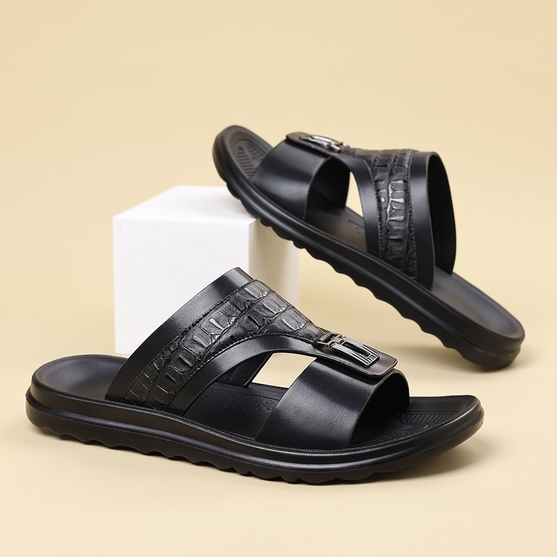 Men’s Croc-Embossed Slide Sandals, PU Leather, Comfort Non-Slip Rubber Sole
