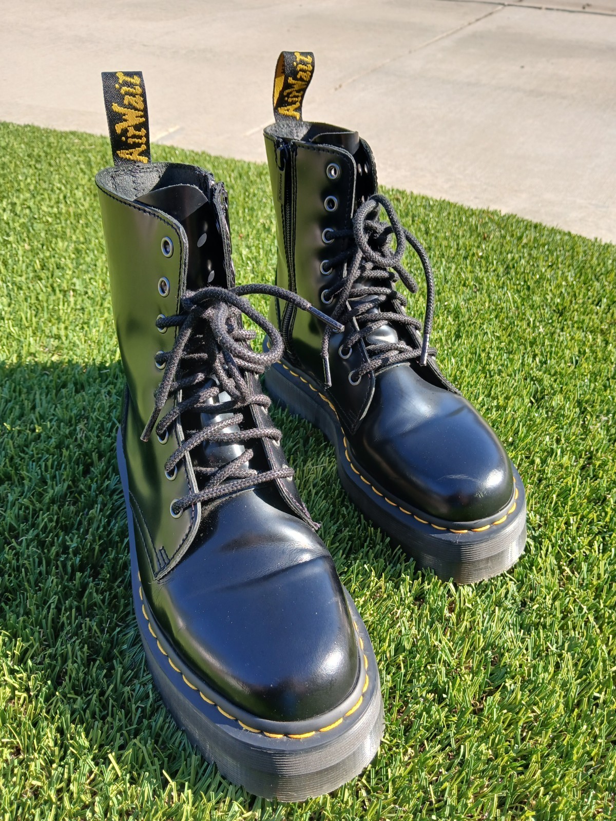 Dr. Martens Black Leather Platform Lace-Up Side Zip Boots + Cream
