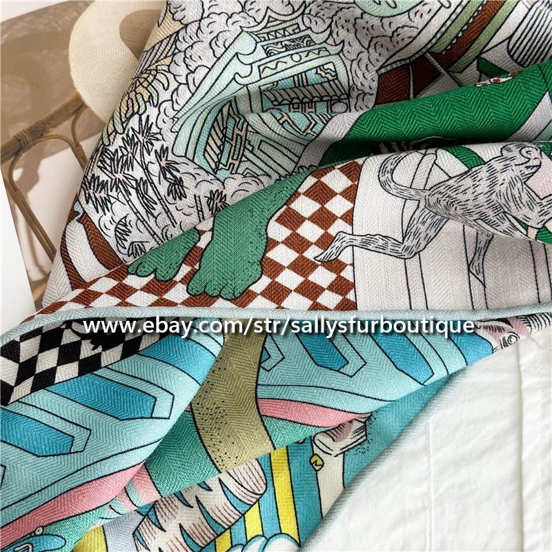 Sallys 70% Cashmere & 30% Silk Wrap Scarf Animals Print Double Face Shawl 53″