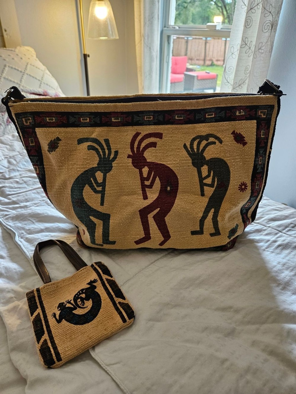 Vintage El Paso Saddle Blanket Co. Kokopelli Southwest Tote Bag & Pouch Set Boho