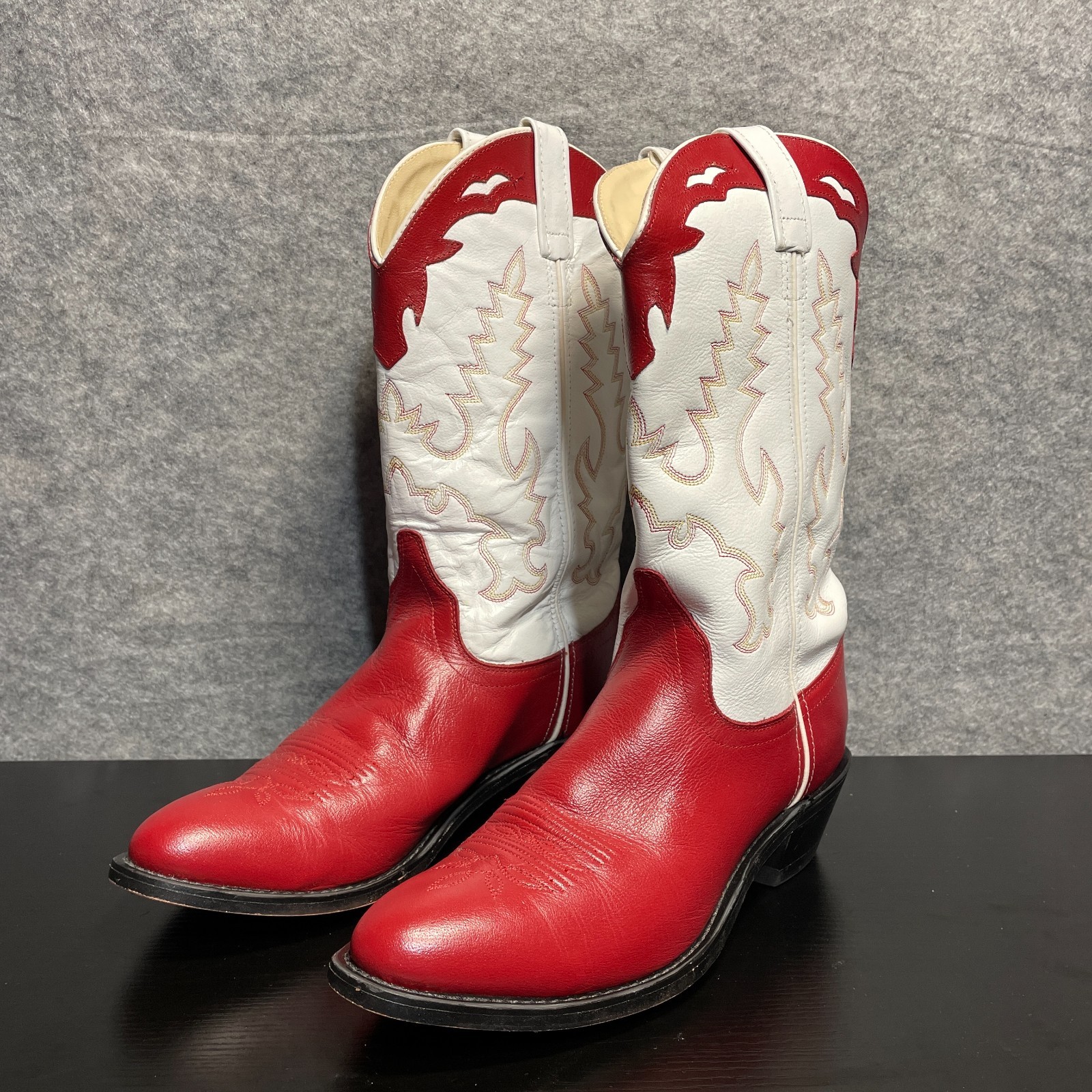 Vintage Western Cowboy Boots Women’s 8.5 Red White Leather Pull On Pointed Toe