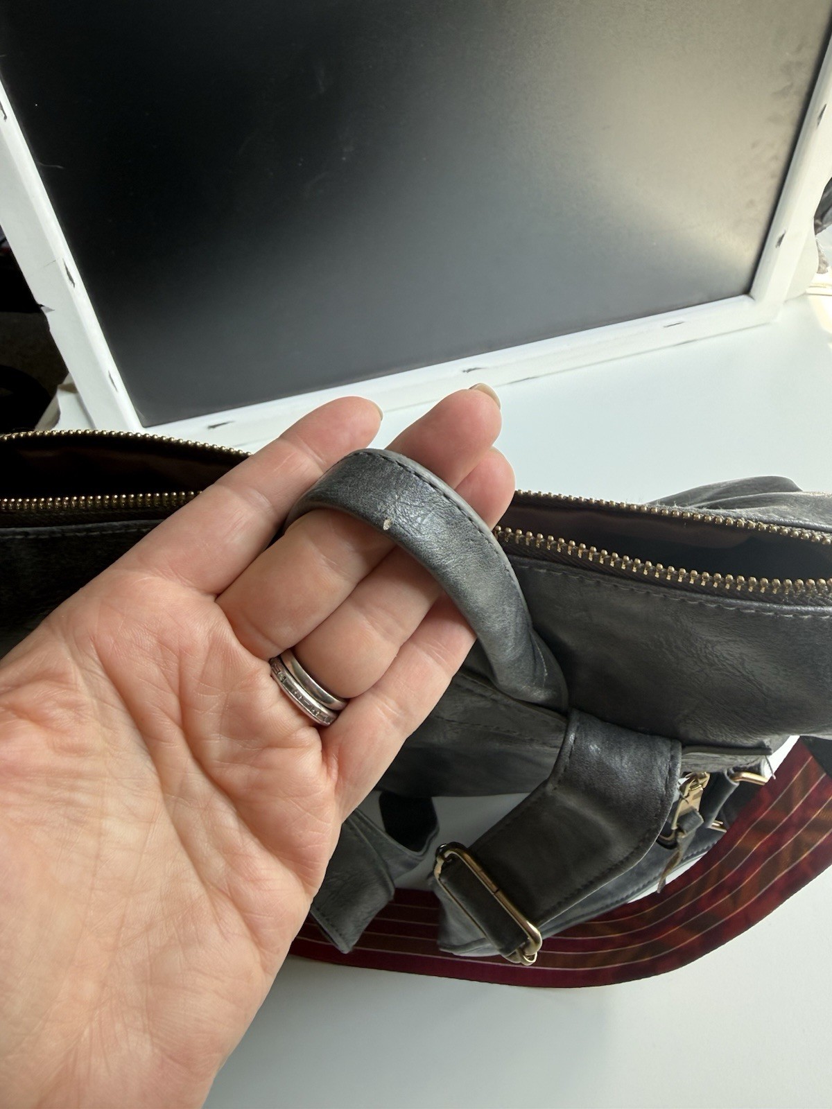 Gray Small Faux Leather Backpack With Reversible Strap