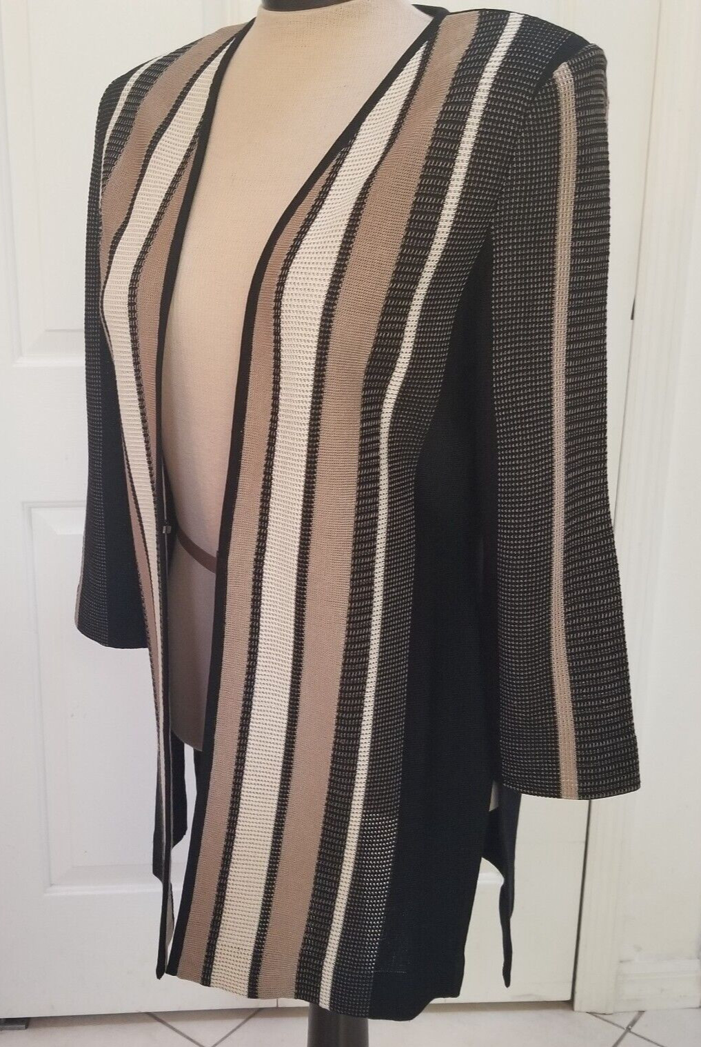 Ming Wang Black Multi Color Striped Knit Front 3/4 Length Sleeve Jacket Size XS