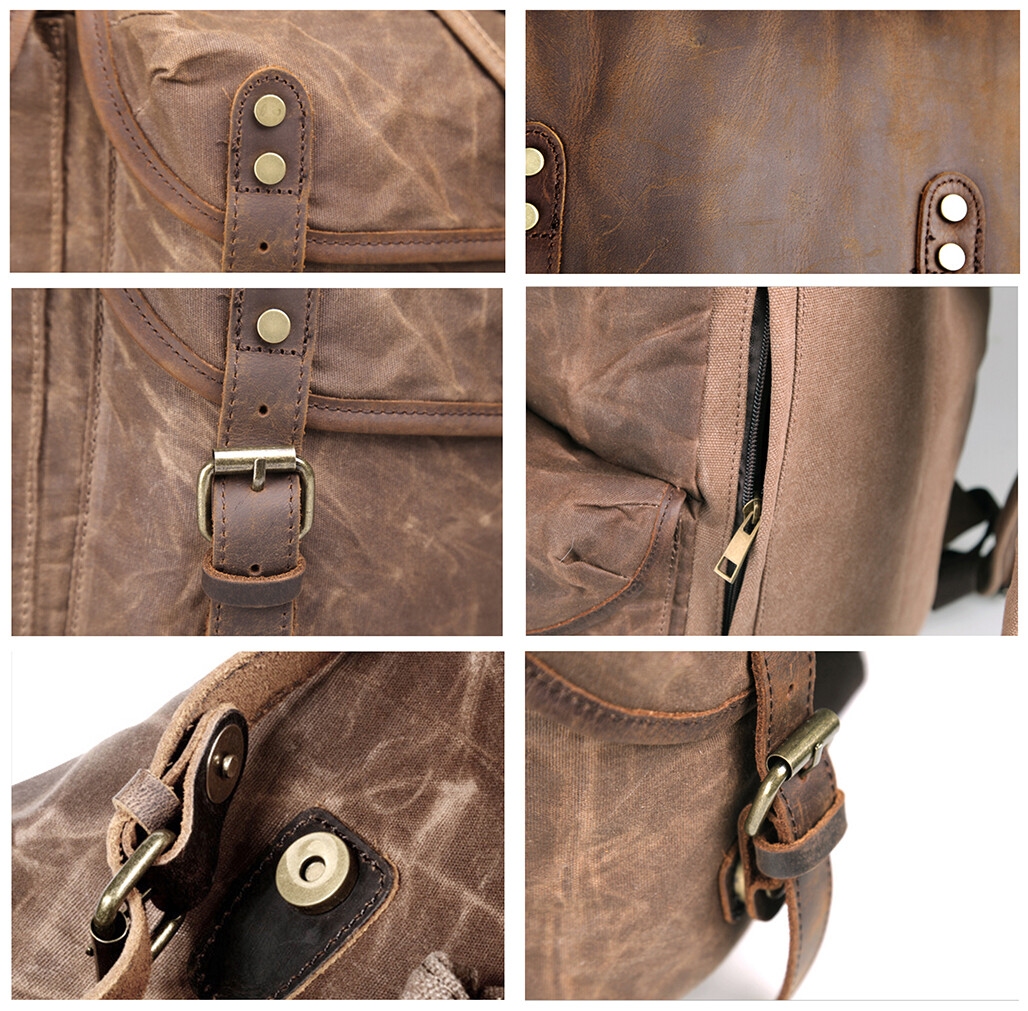 Men Waxed Canvas Leather Backpack Travel Rucksack Camping Hiking School Book Bag