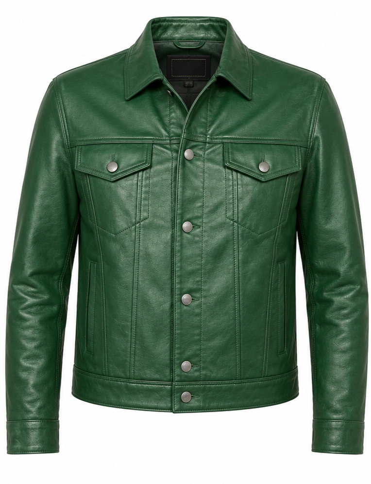 Men Trucker Leather Jacket Green Real Leather Casual Fashion Shirt Style Jacket