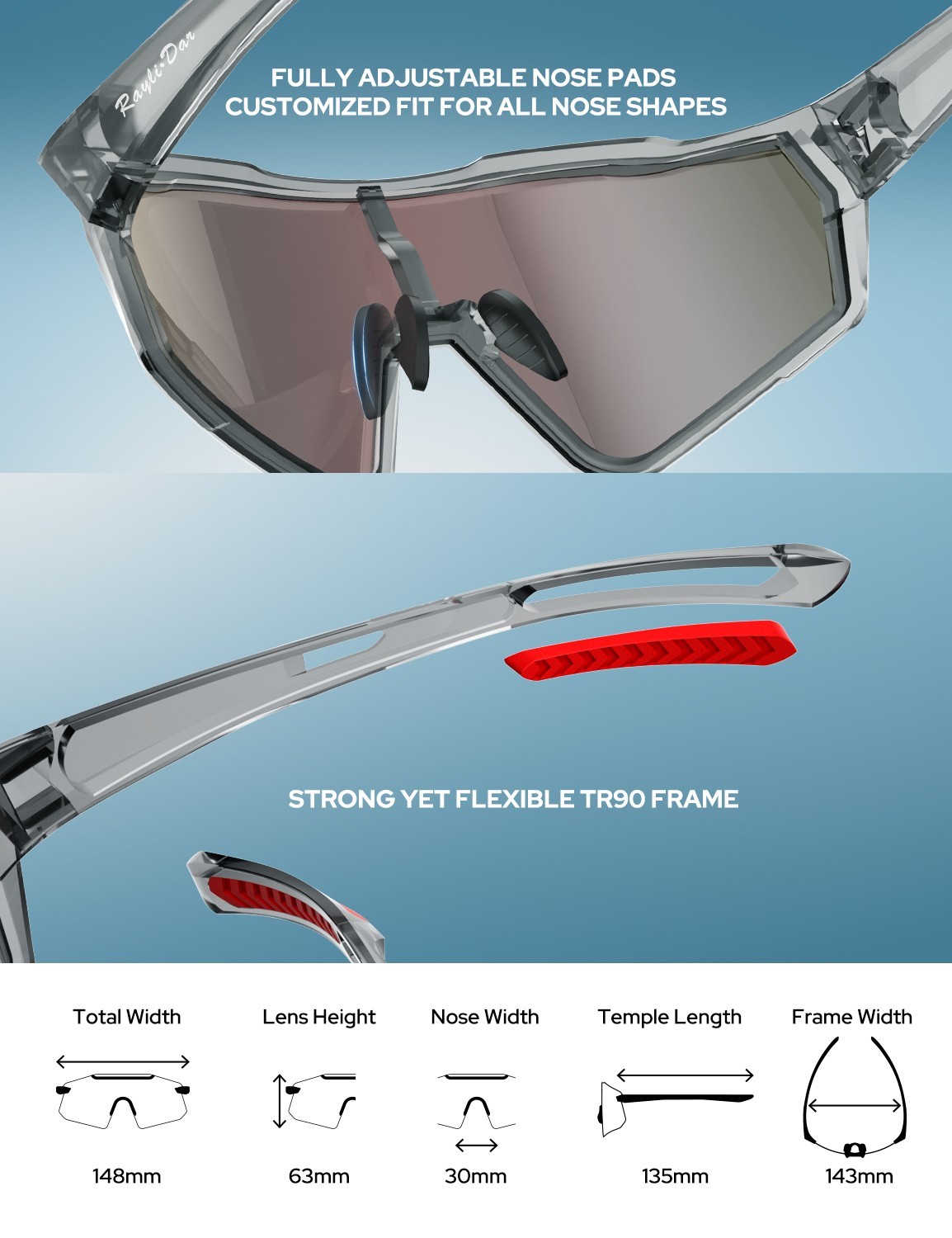 Rayli.Dar Polarized Sports Sunglasses for Men & Women UV400 TAC HD Lenses, Ultra