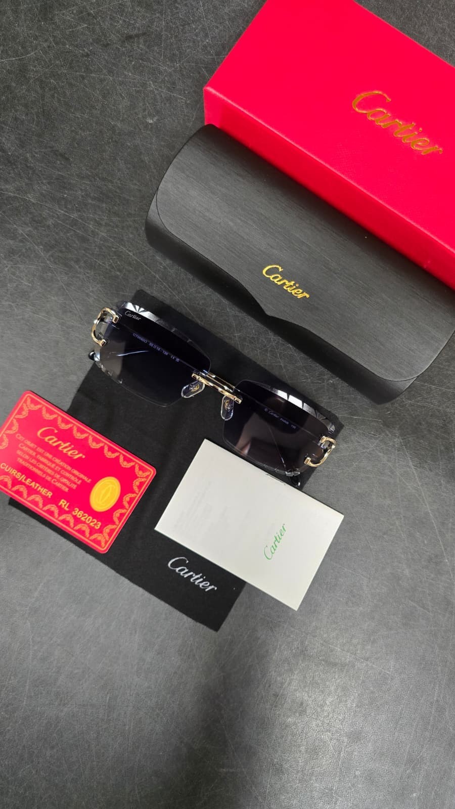 Cartier Big C Diamond Cut Red to Blue Fade Frameless Lens Gold Frame Big Box Ed.
