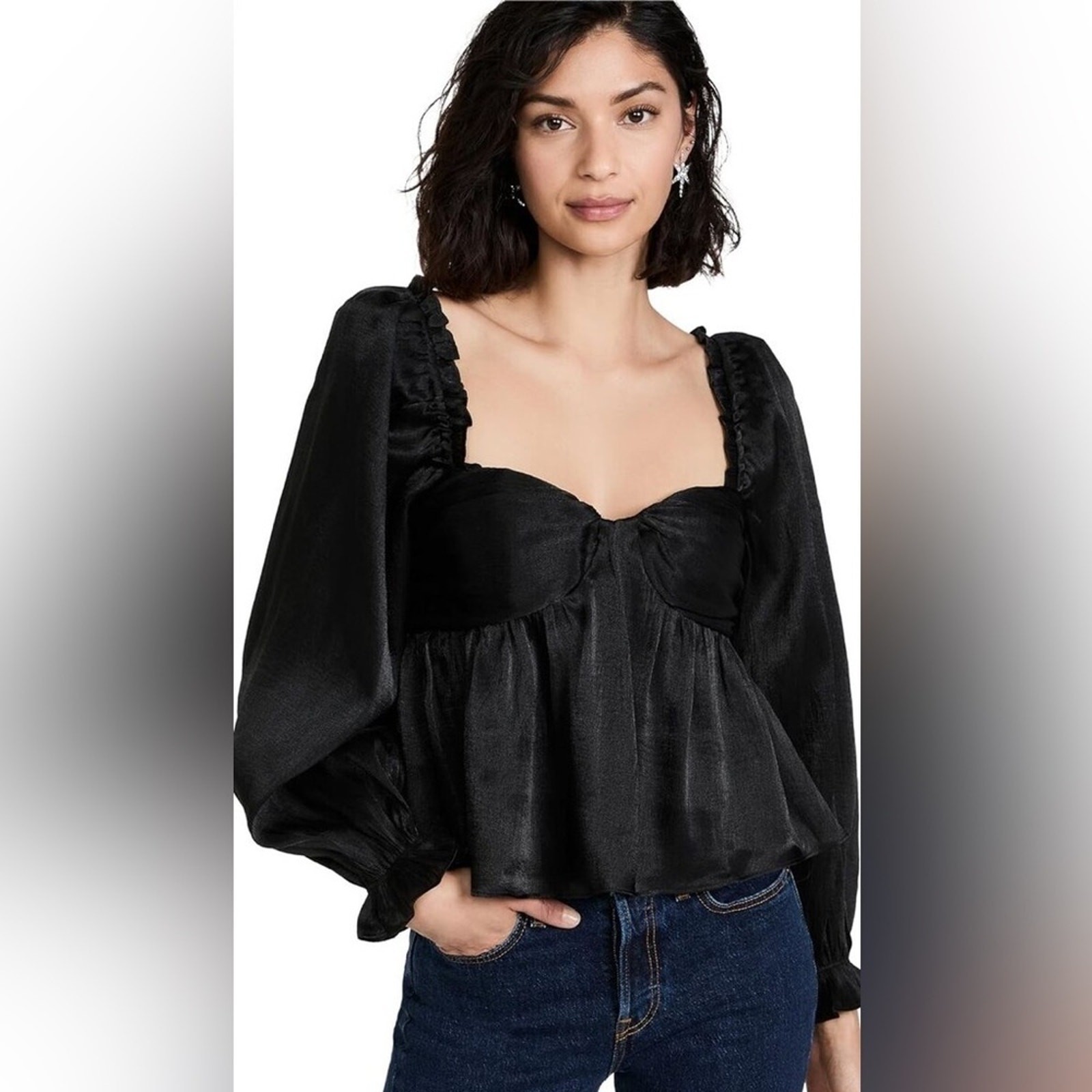ASTR The Label Irene Babydoll Top in shiny black size Medium