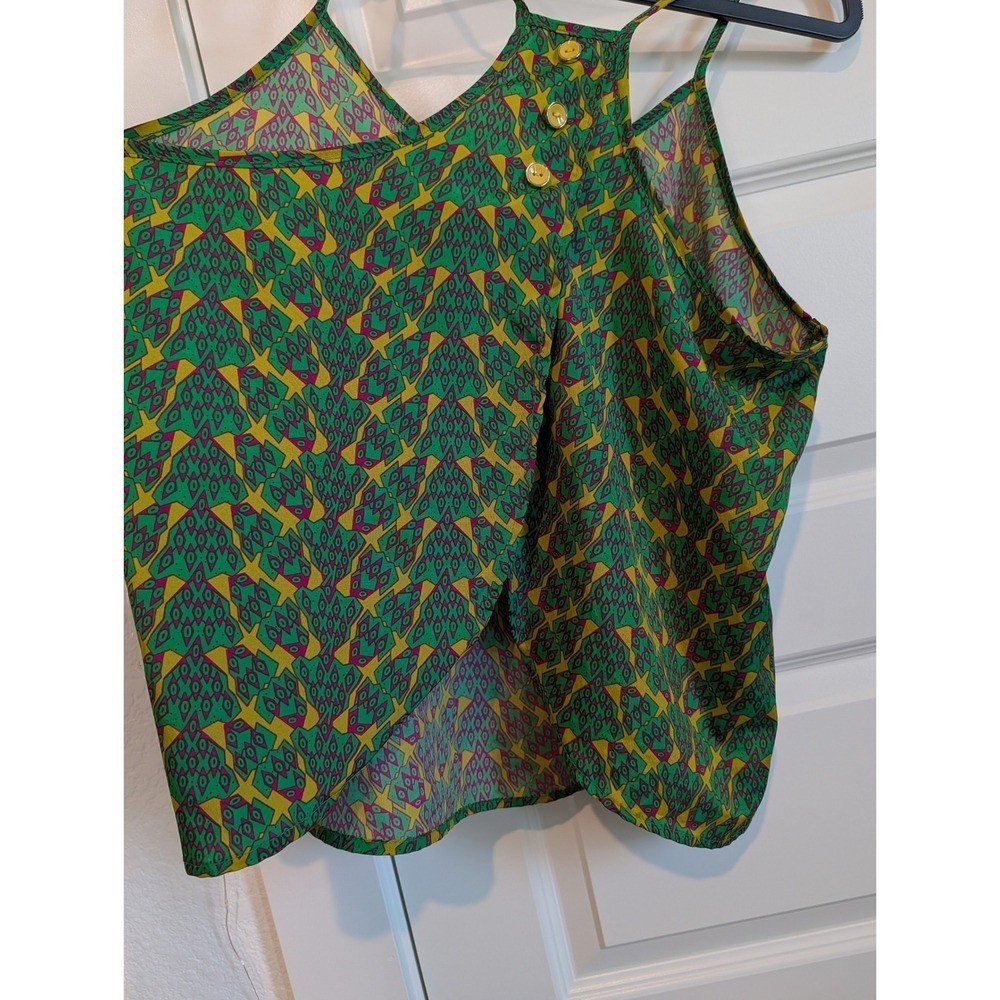 Entro Geometric Print Racerback Tulip Back Camisole Tank Top Green Yellow Purple