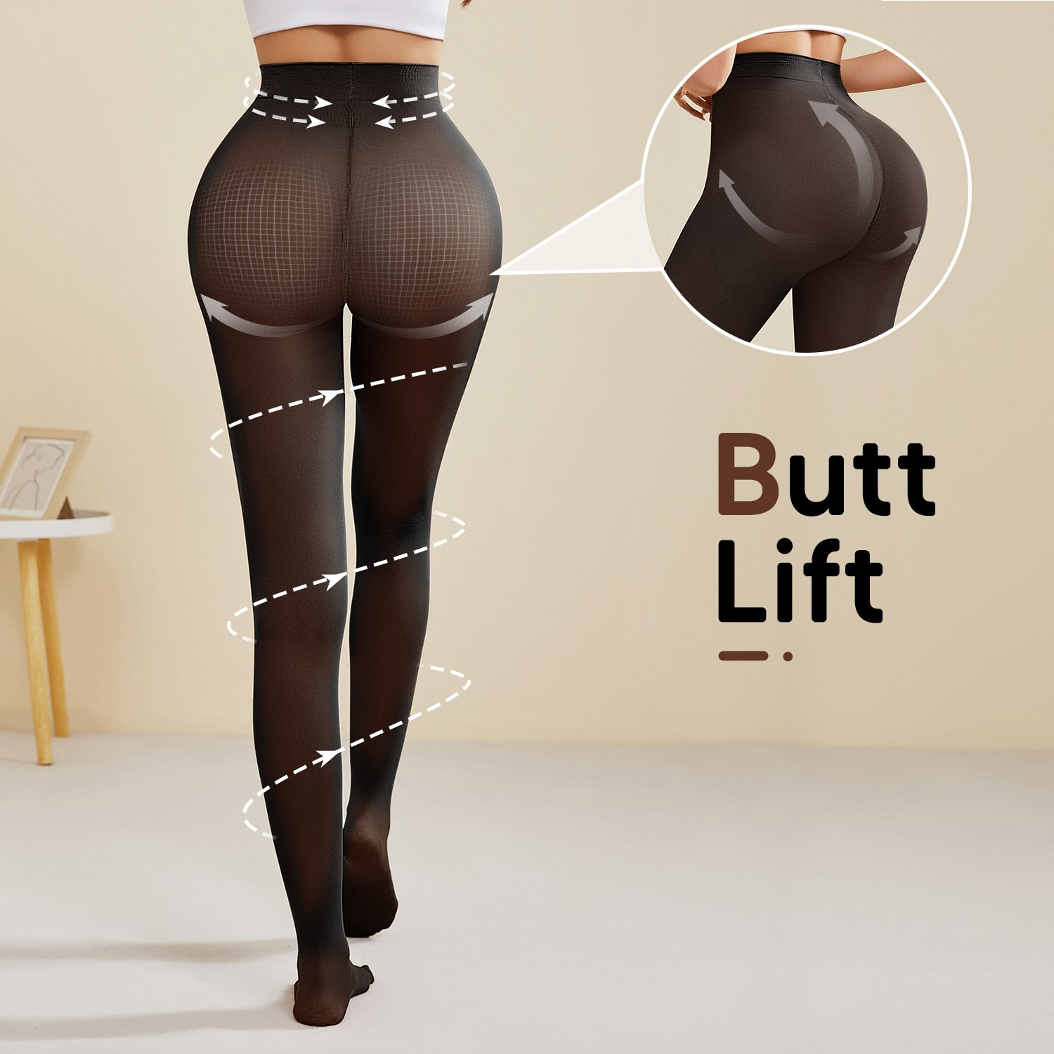 Semi Sheer Control Top Pantyhose for Women High Waist High Stretch Tights Black