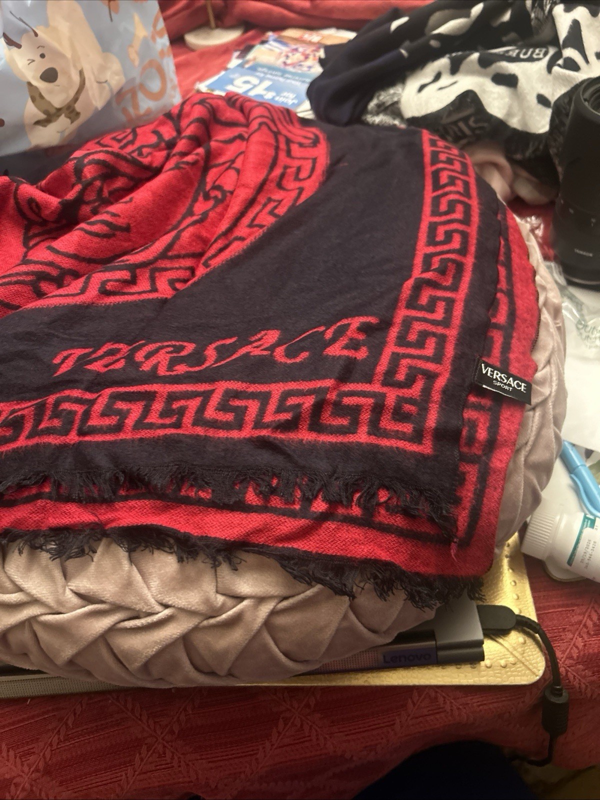 •Versace Wool Cashmere Knit Reversible Black Red Medusa Scarf 11”x68”