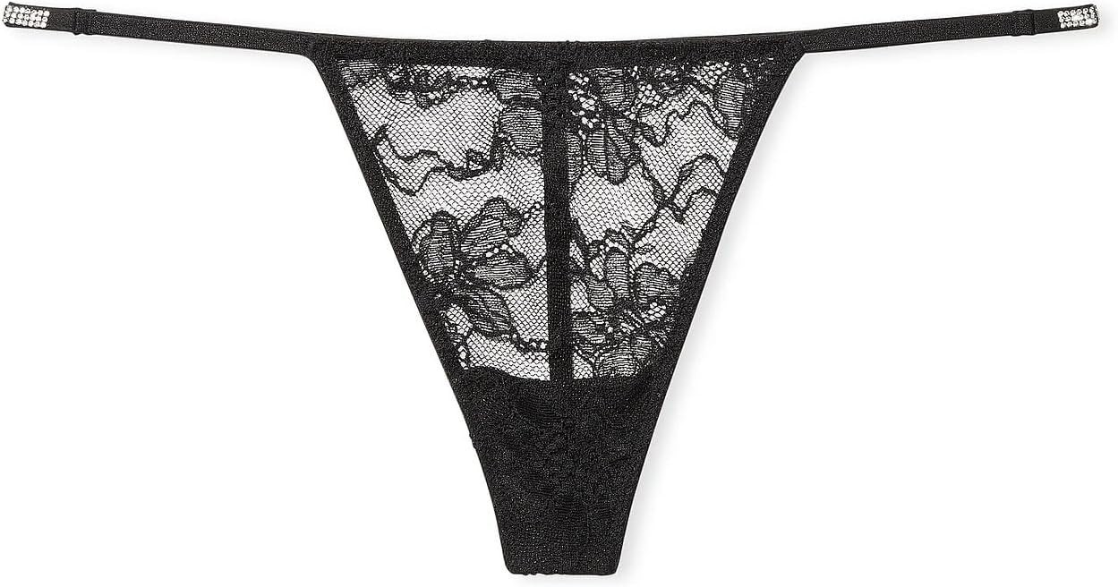 Victoria’s Secret T-Back Shine Strap Rhinestone Lace V-String Panty Black NWT