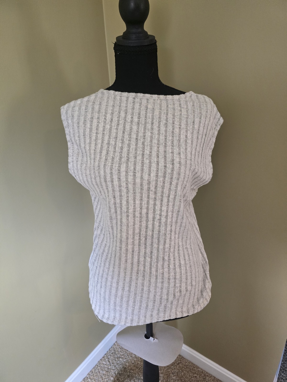 Gray White Striped Knit Lace-Up Back Sleeveless Blouse for Women