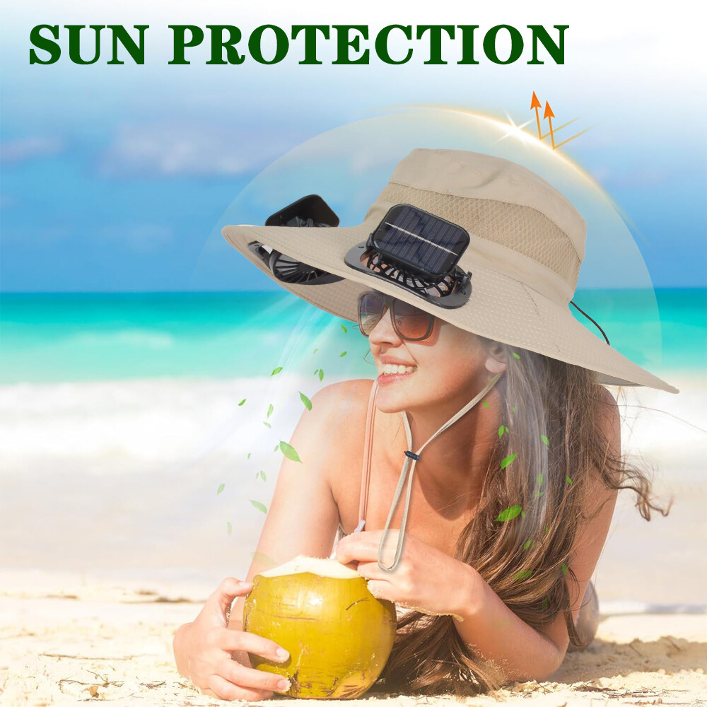 Outdoor Wide Brim Sun Hat with 2 Solar Fans Fishing Hiking Camping UV Protection