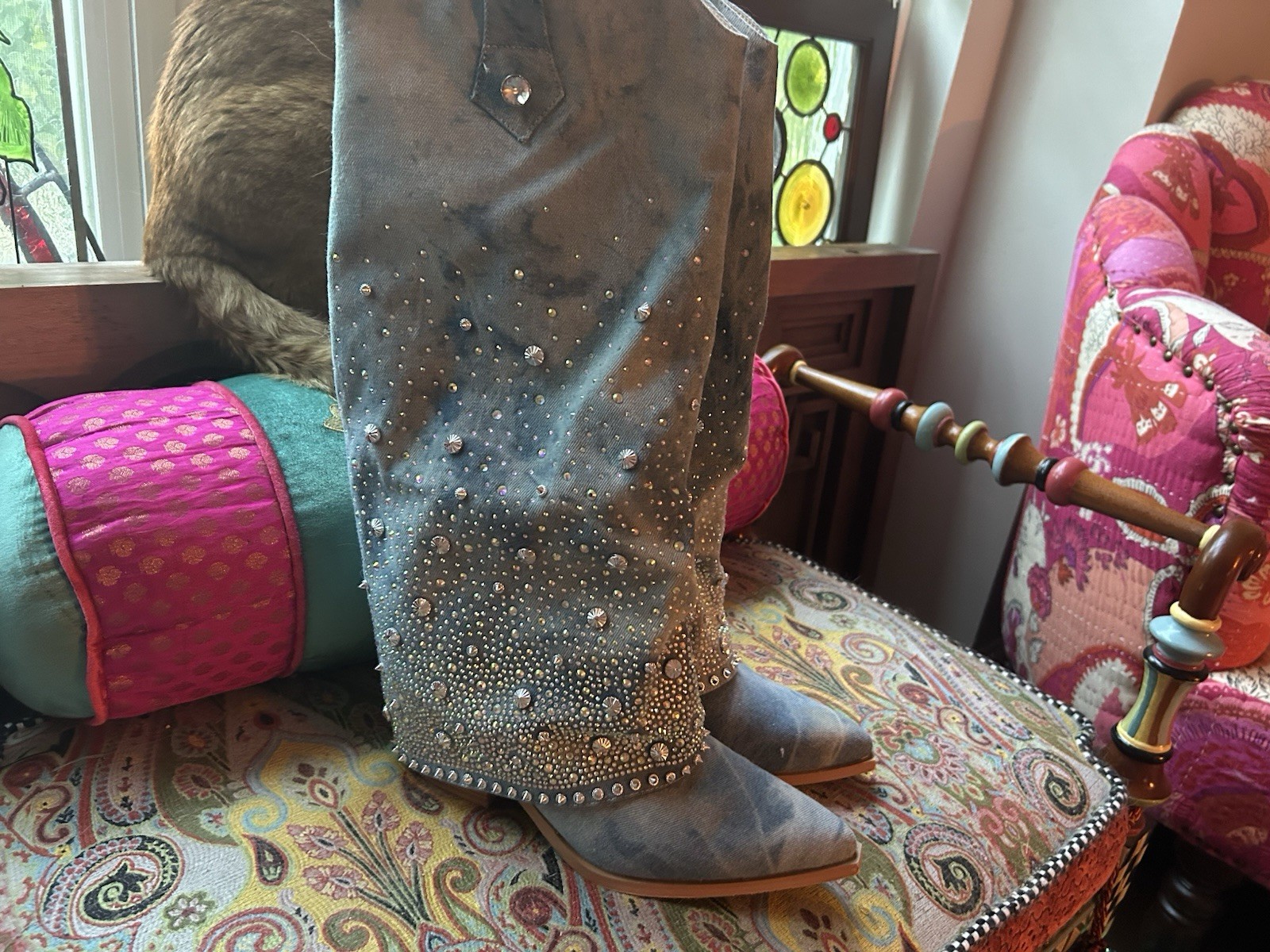 Women’s Blue Western Knee High Pull-On Boots Pointed Toe Studded Rhinestone 8.5