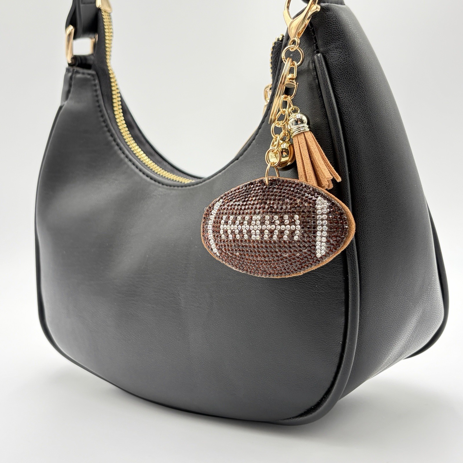 Football Rhinestone Bag Charm Keychain Sports Fan Gift Tassel Box Brown