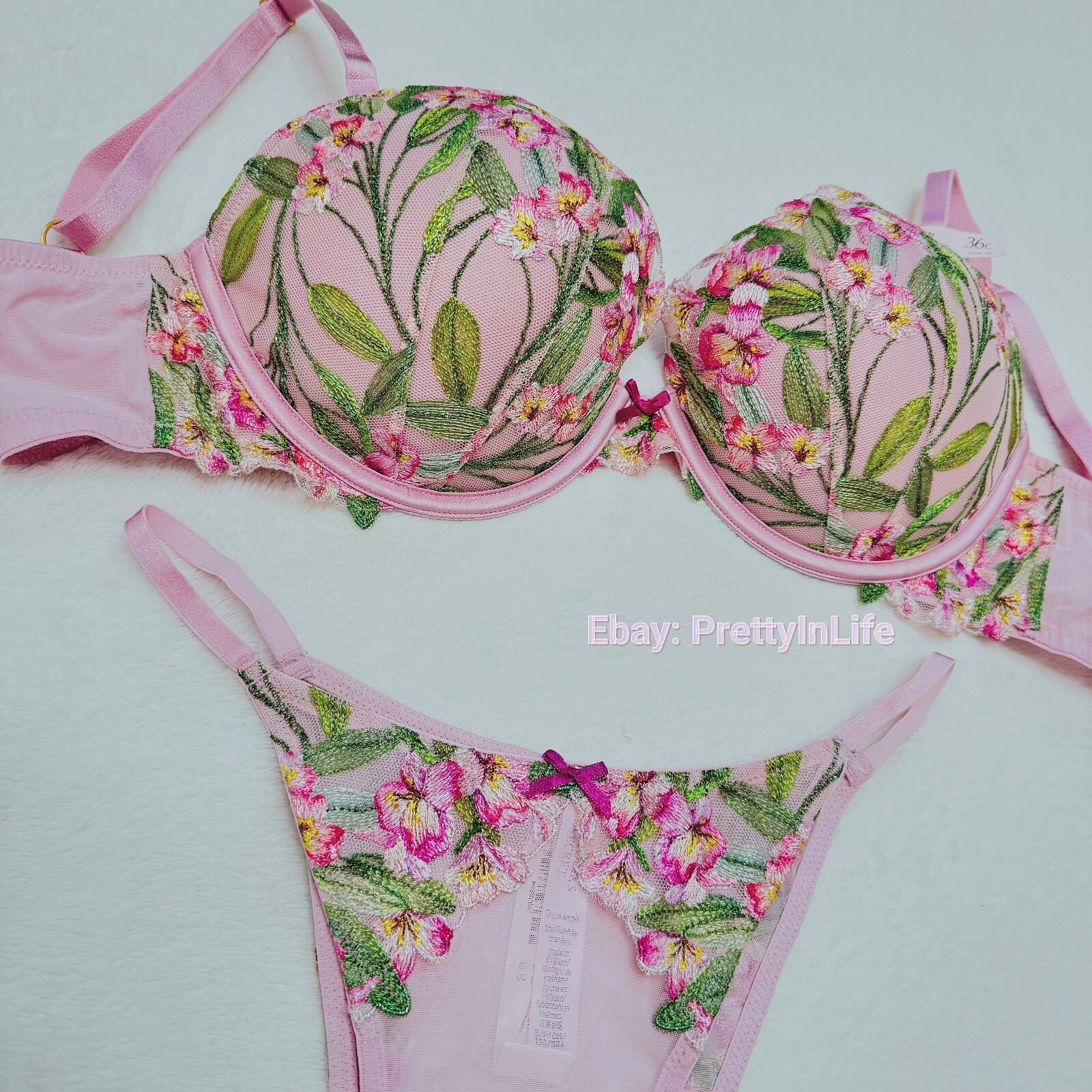 Victoria’s Secret Dream Angels Push Up bra set embroidery Lily floral pink rose