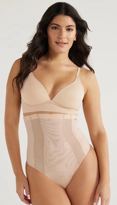 Sz XXL Sofia Shapewear Womens Almond Firm Control High Waist Shaping Mesh Thong