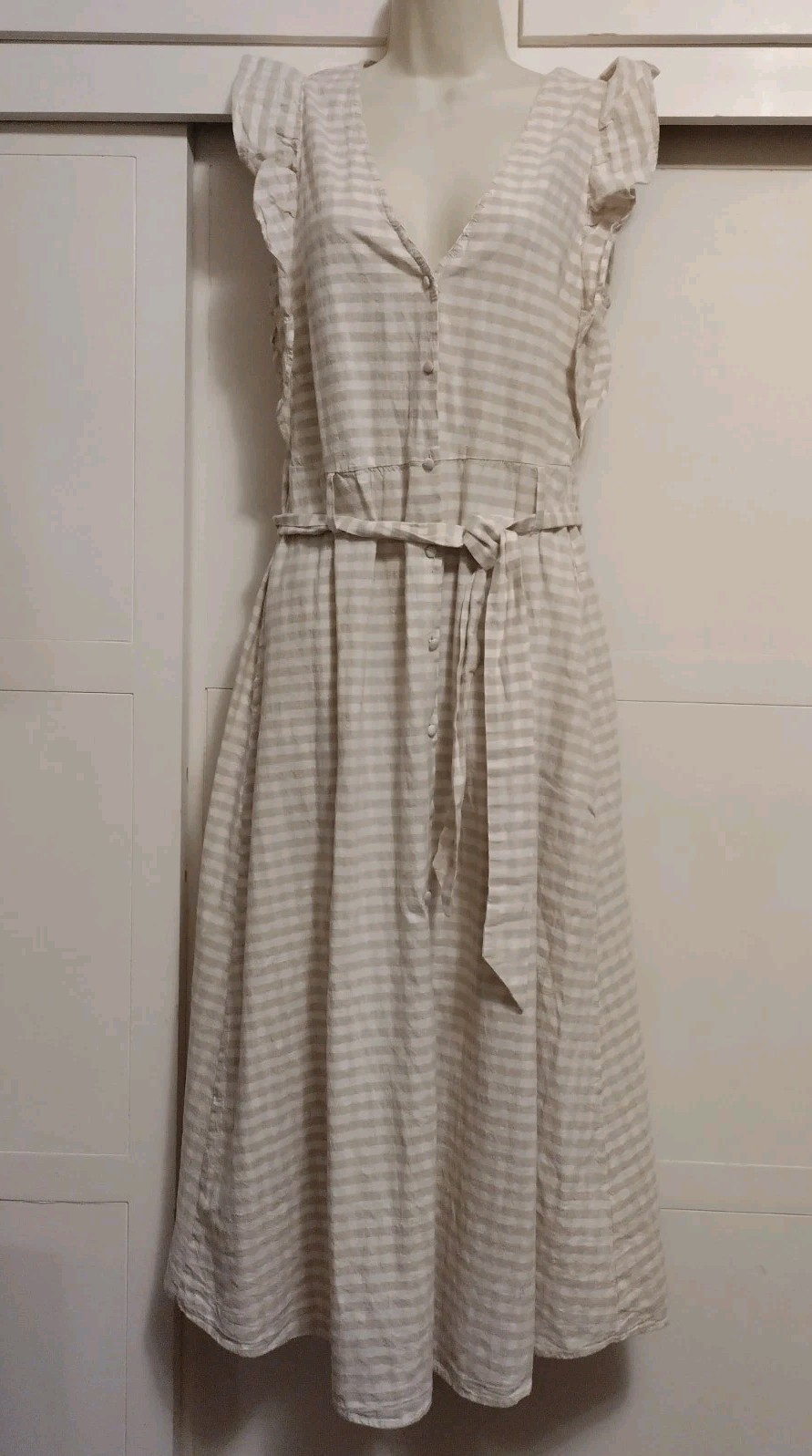 Zara Womens Plaid Ruffle Sleeveless Dress Maxi Linen Blend Beige White Size M