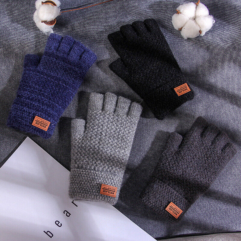 Winter Alpaca Wool Fingerless Gloves Thermal Men Knitted Half Finger Mitten Lot
