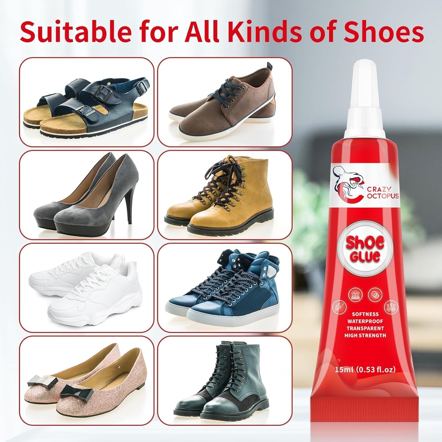 Shoe Glue, Strong, Clear Shoe Repair Glue for Sneakers, Boots, Handbags, Soles,