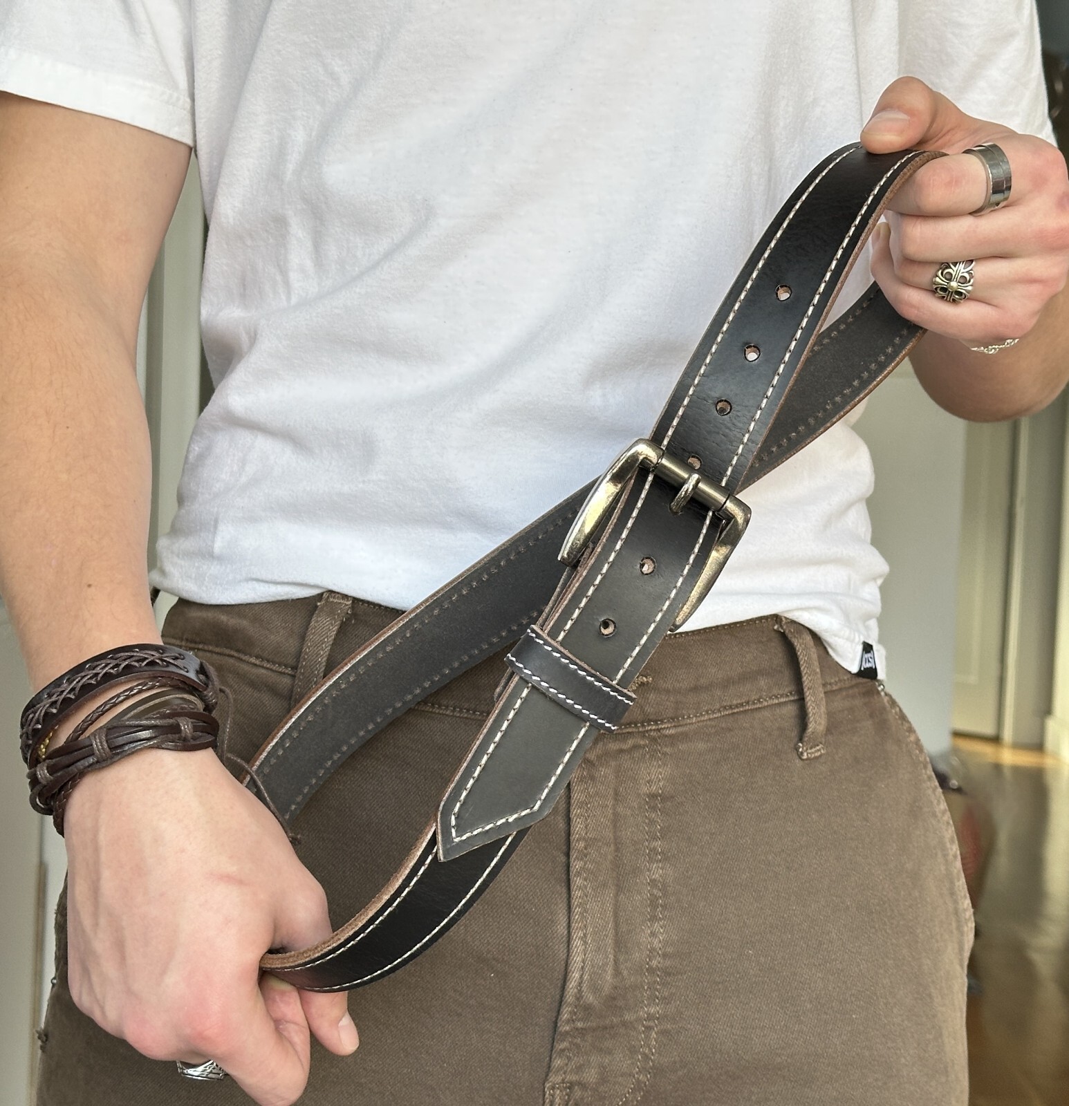 Genuine Leather Men’s Belt Heavy Duty Thick With Removable Buckle Work Belt