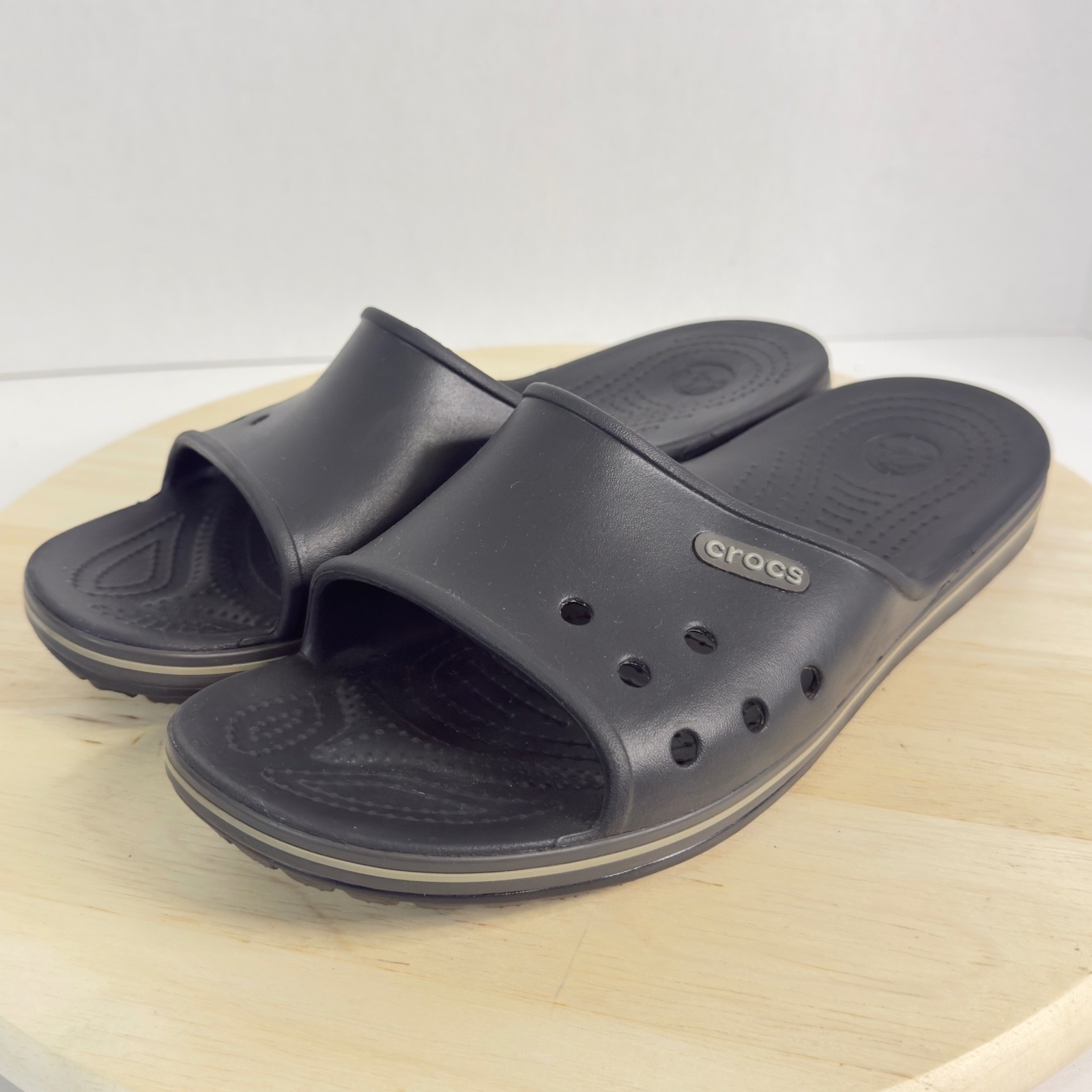 Crocs Unise Bayaband Slides Sandals White Stripe Logo Slip-On Women 12 Men 10
