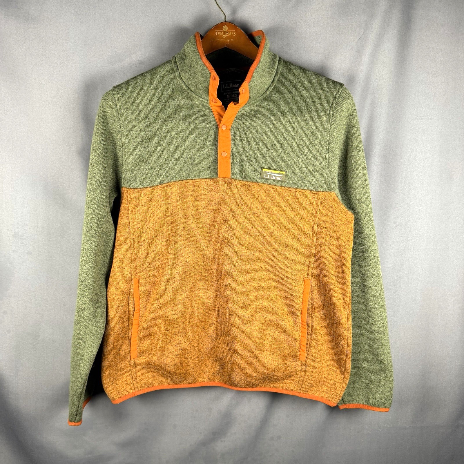 LL Bean Fleece Pullover Mens Medium Snap T Green Orange Colorblock Hike Camping