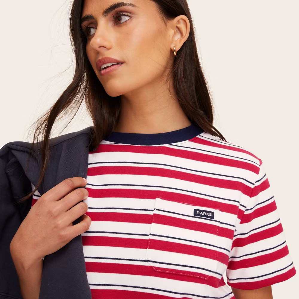 Women Short Sleeve Crewneck Pocket T-Shirt – Parke Red/Navy Striped S