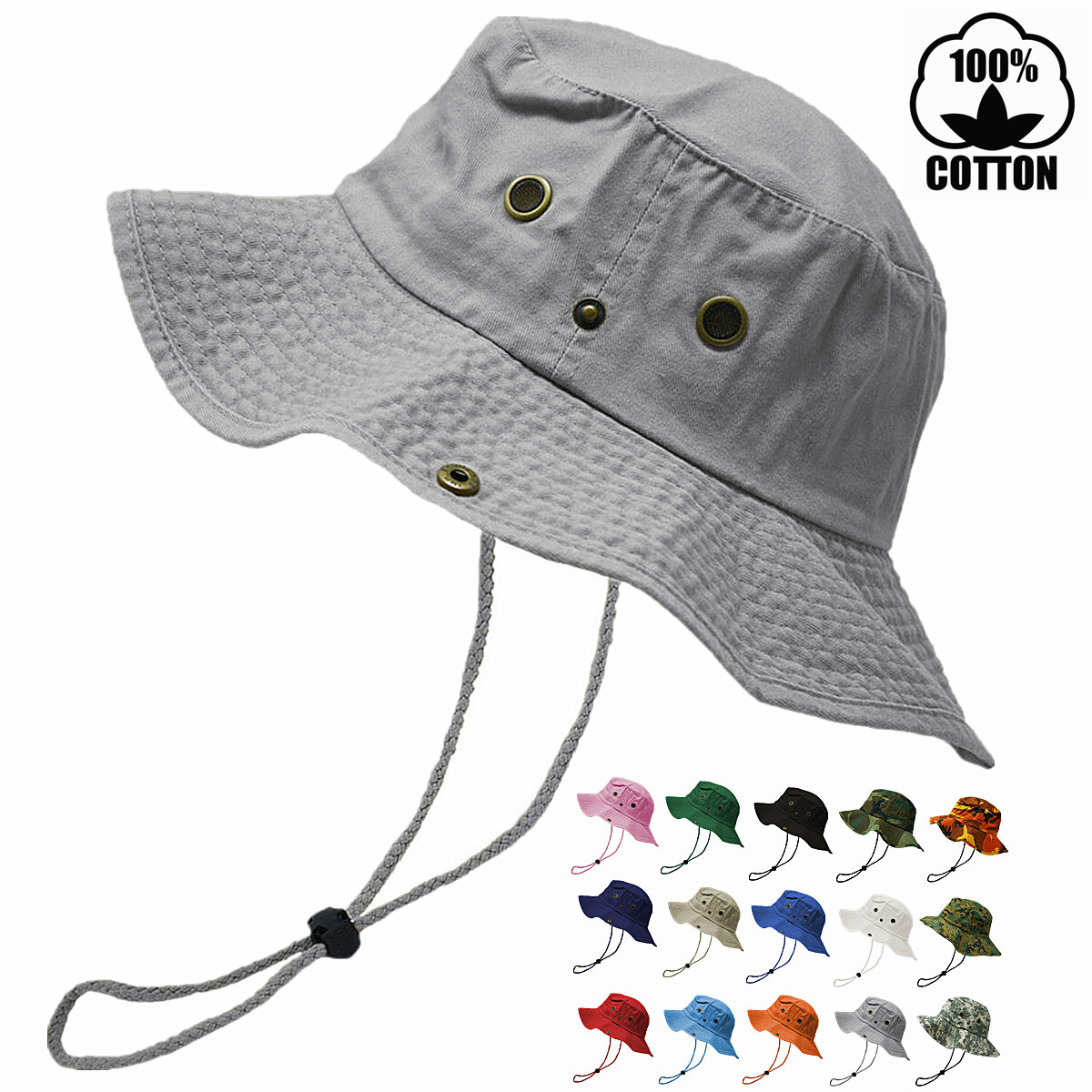 100% Premium Cotton Bucket Hat Fishing Sun Safari with Chin Strap Boonie Cap Hat