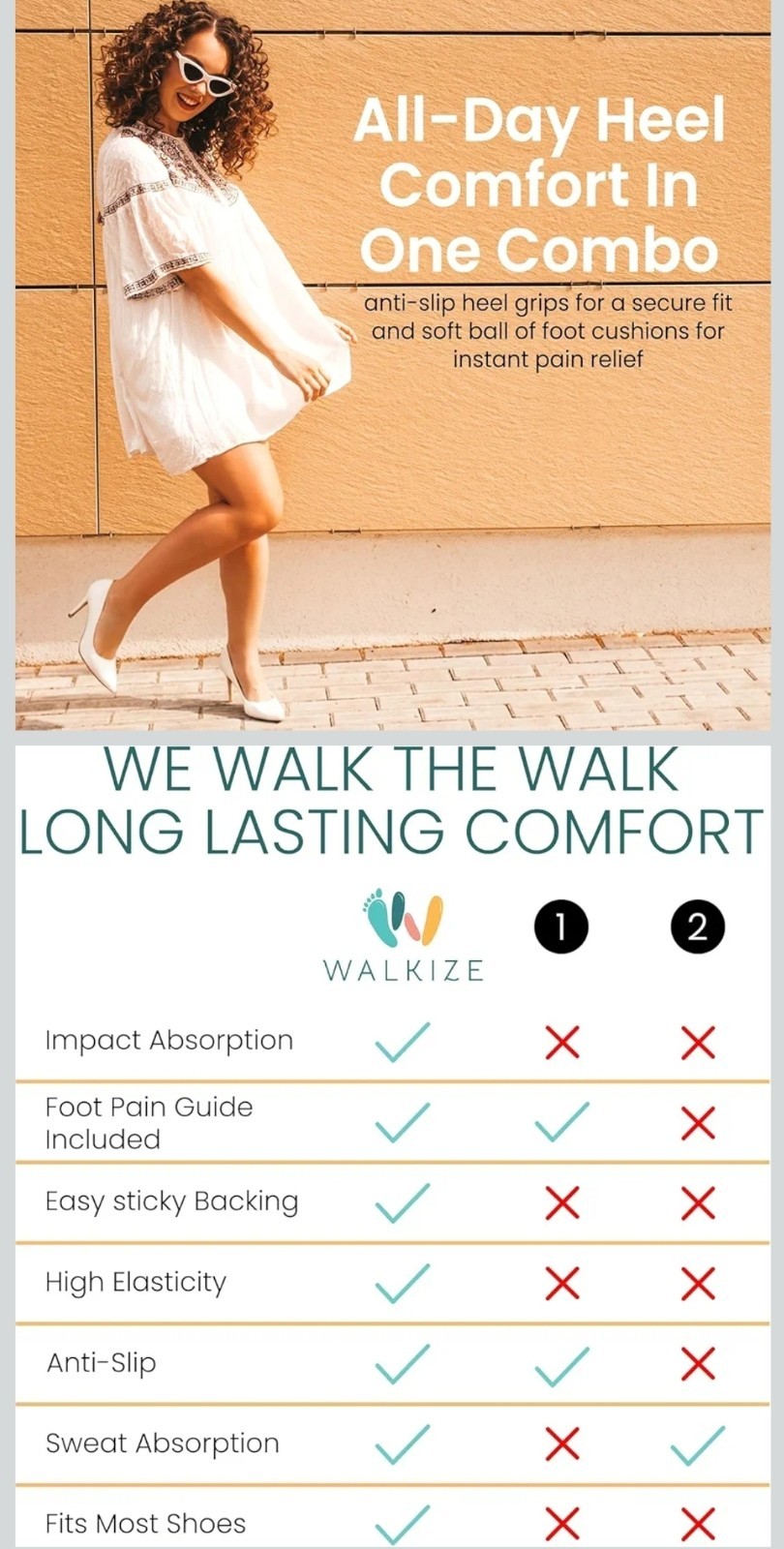 8 PAIRS-Walkize Gel-Filled Ball of Foot Cushions with Anti-Slip Heel Grip Liners