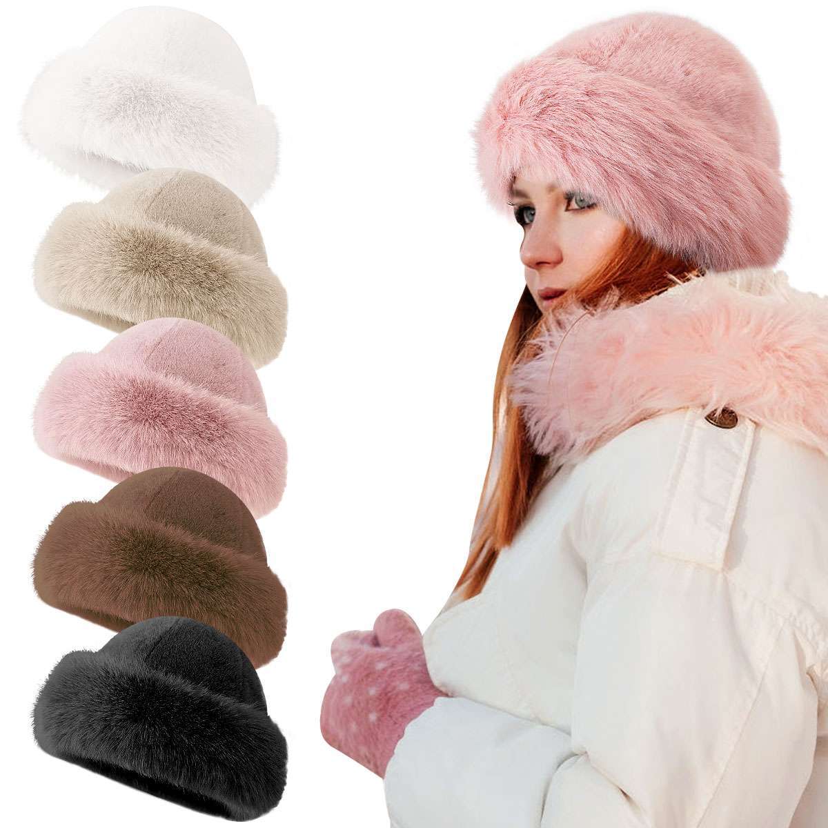 Fuzzy Cossack Hat for Womens Winter Fluffy Furry Plush Faux Fur Hats Bucket Hats