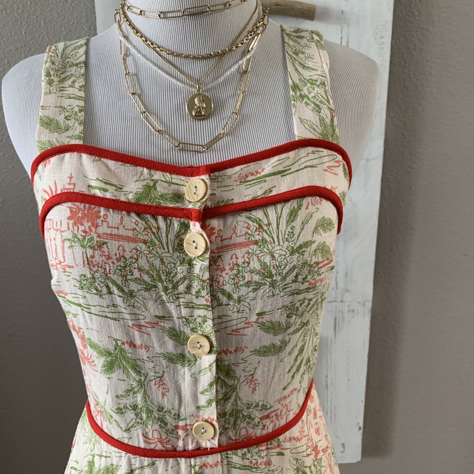Monteau Linen Blend Pagoda pattern Sundress S Natural Ivory and Red dress