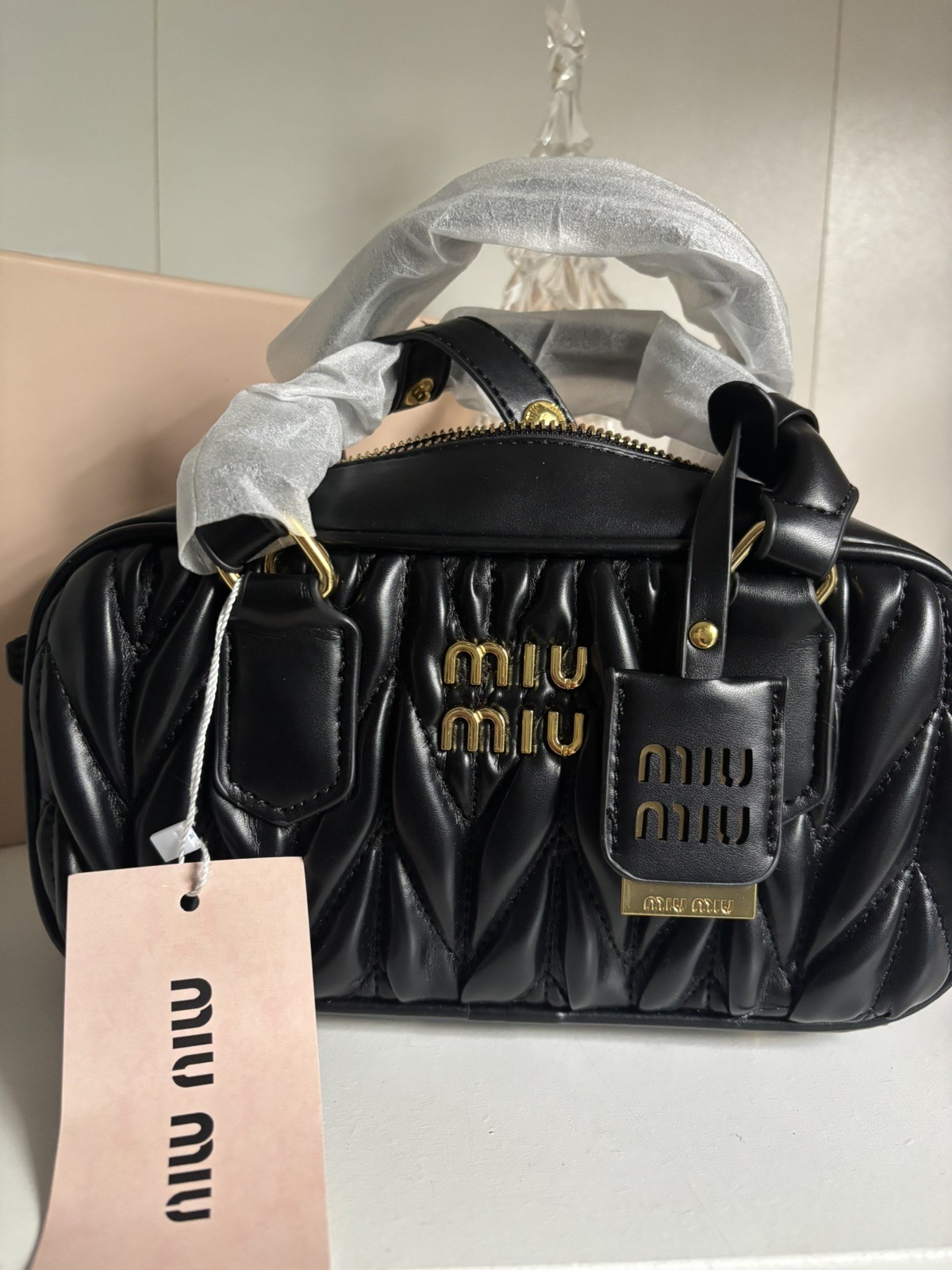 Miu Miu Black Quilted Mini Crossbody Top Handle Zip Bag, Gold HW, Charm
