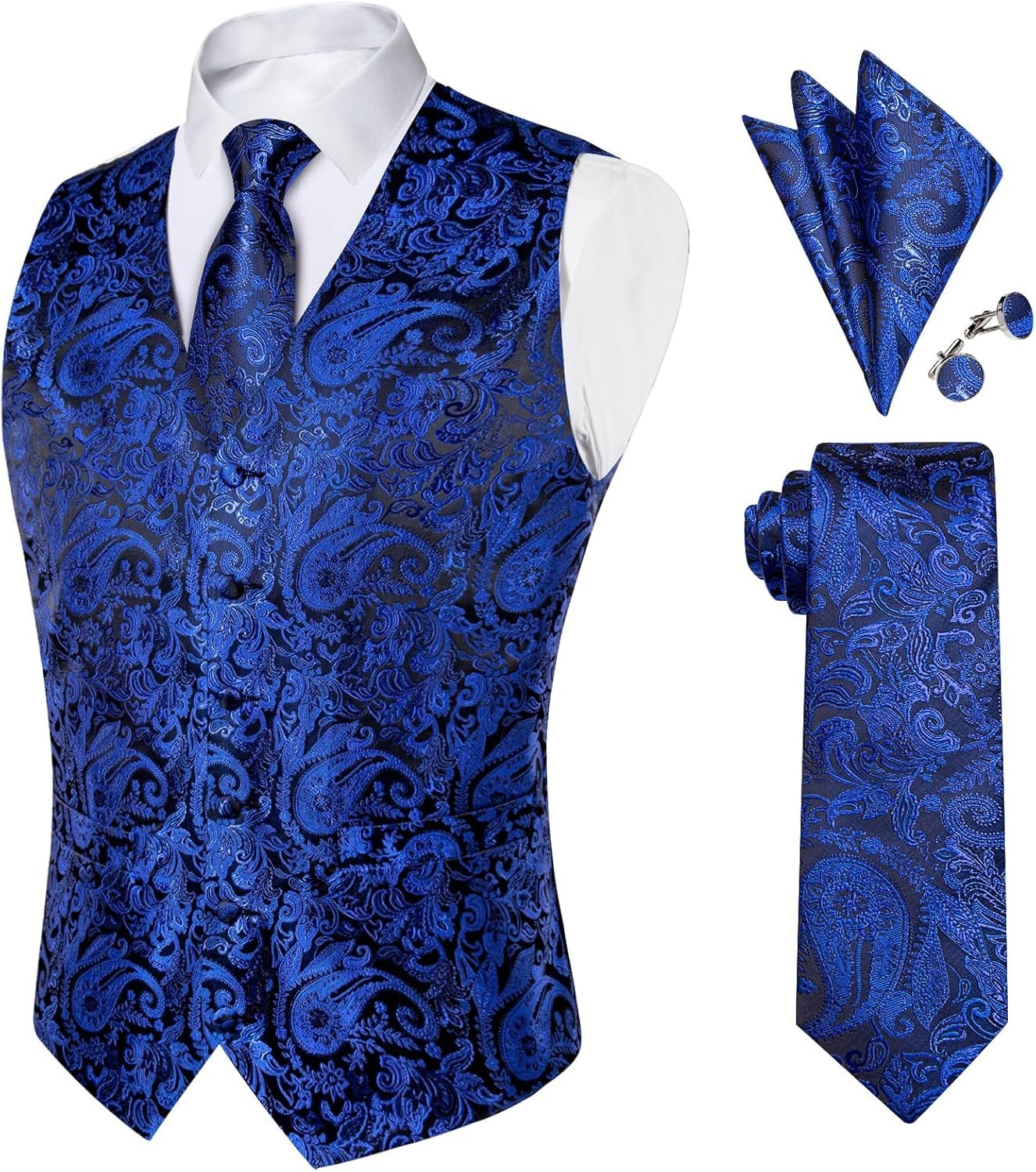 Mens Paisley Silk Vest Tie Pocket Square Cufflinks Set for Wedding Party Formal