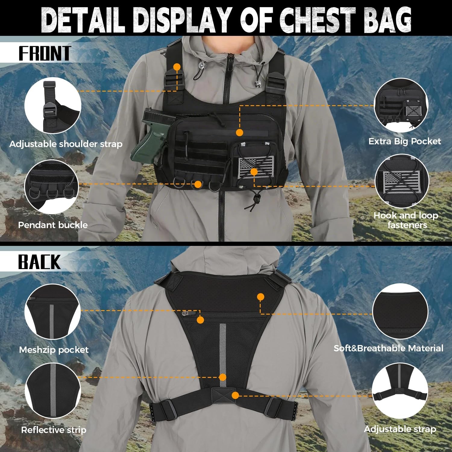 Outdoor Sports Chest Bag for Men – EDC Travel Vest Holster for Running, Hiking,