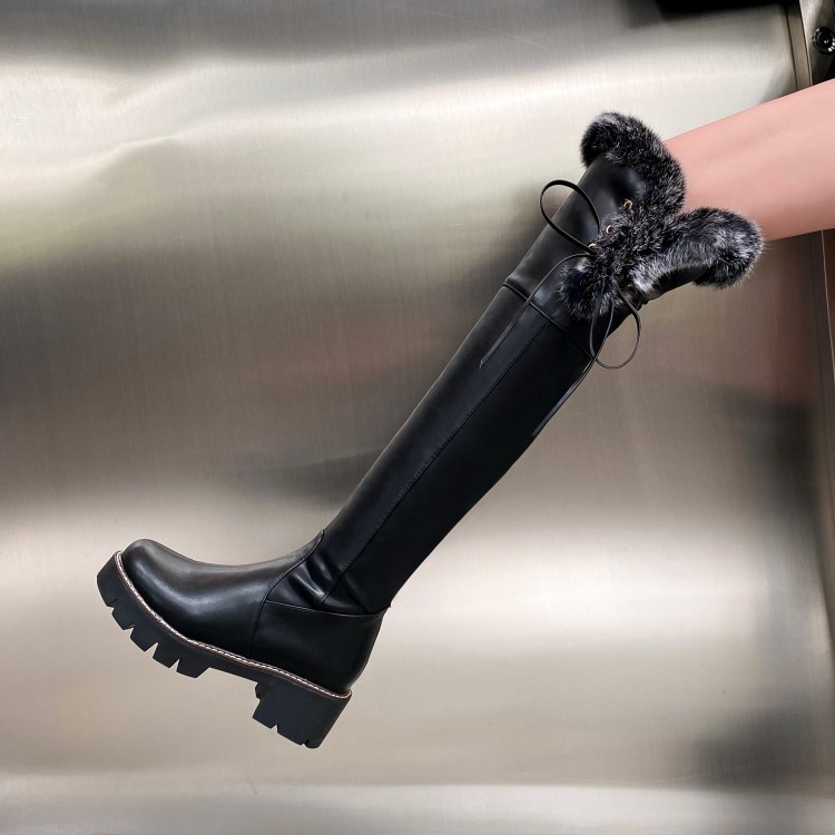 Winter Women’s Lace Up Furry Over The Knee High Long Boots Zip Mid Heel Shoes