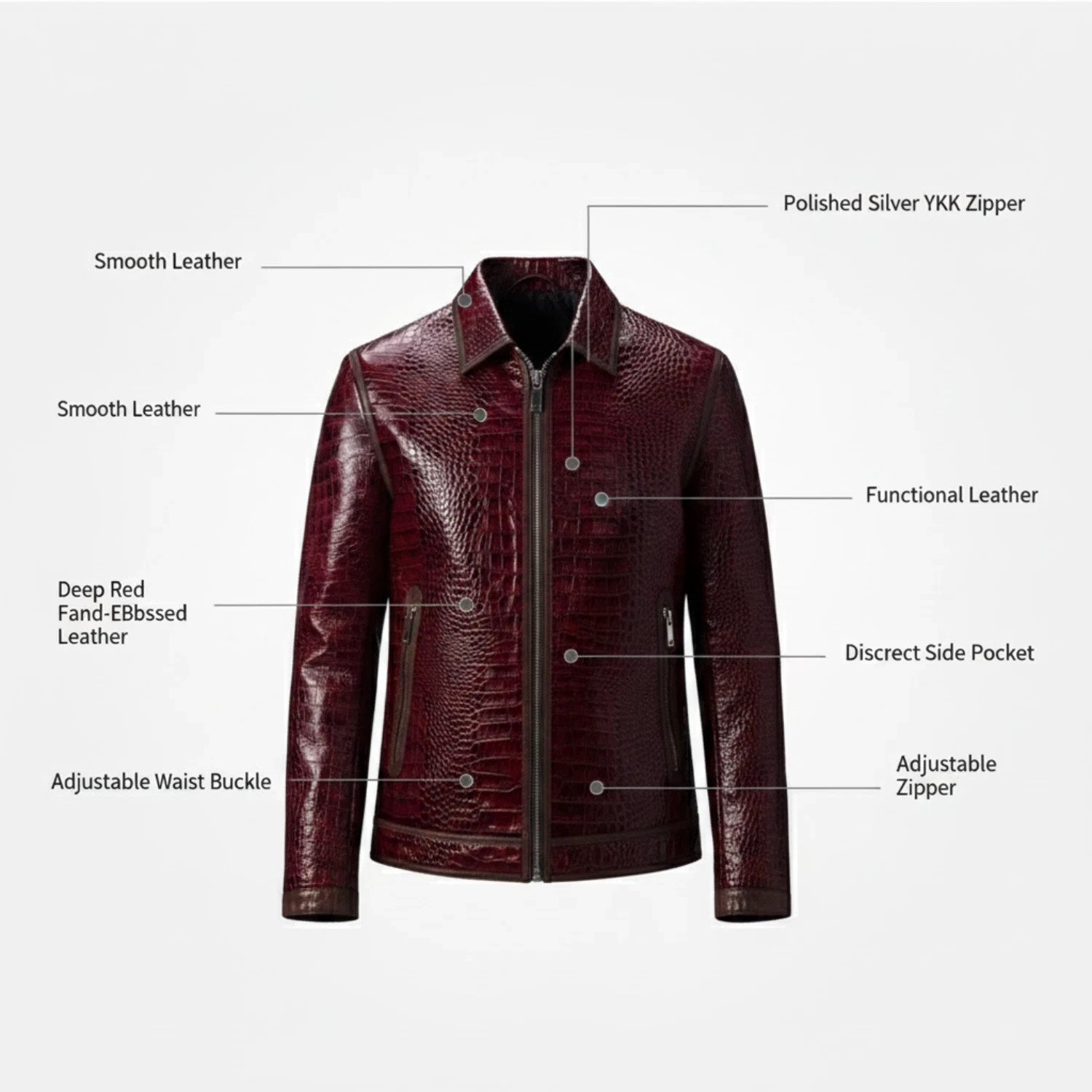 Men’s Burgundy Crocodile Embossed Leather Jacket Luxury Exotic Zip Biker Coat