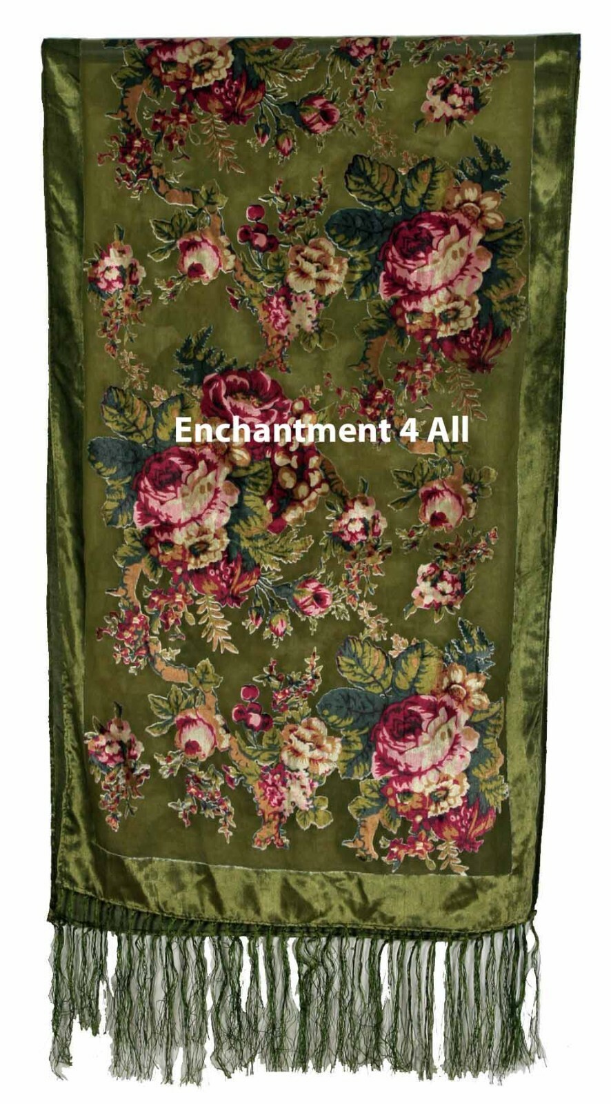 Elegant 100% Silk Burnout Velvet Vintage Floral Oblong Scarf Shawl Wrap, Green