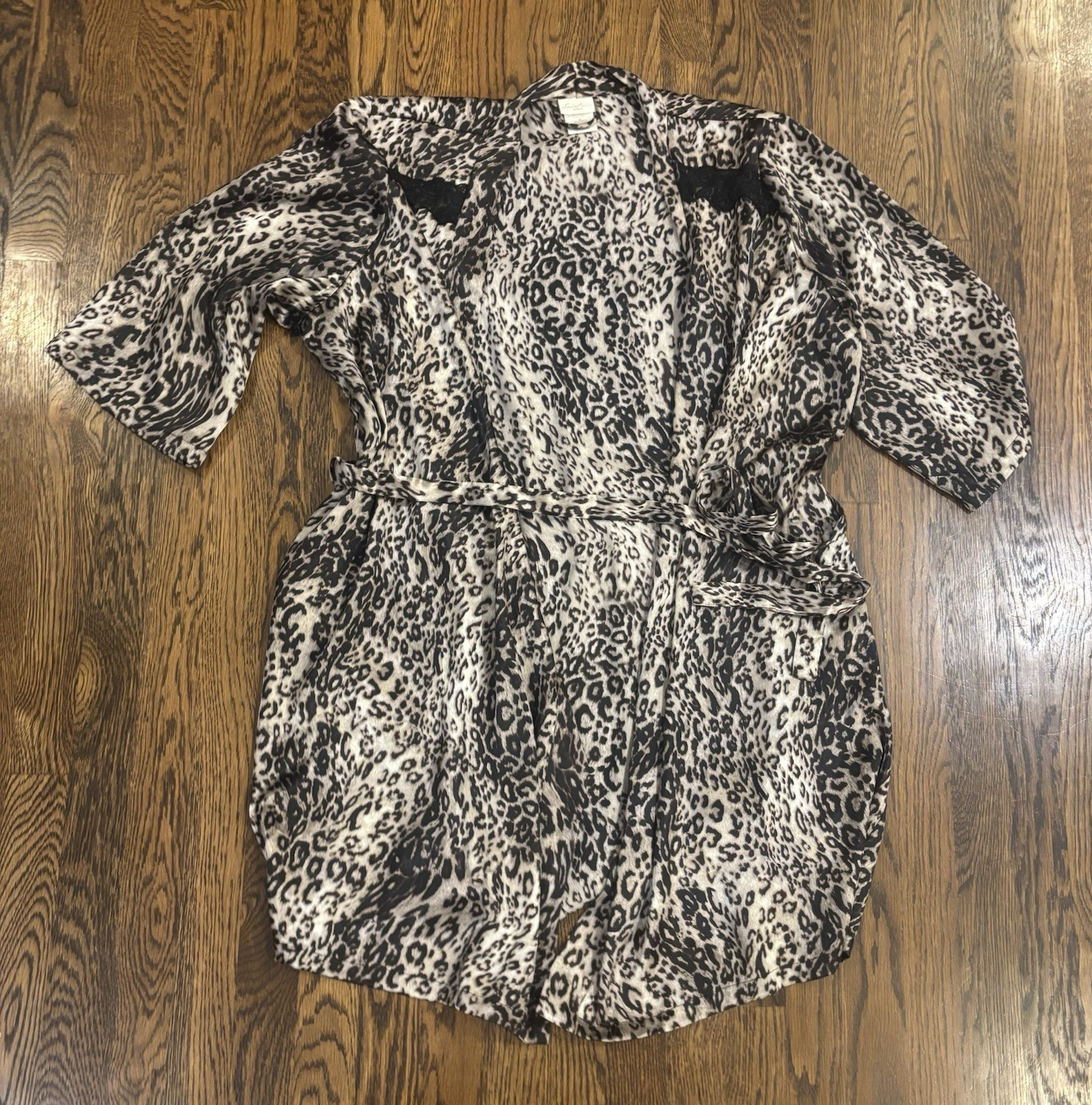 Secret Treasures Leopard Print Lace Robe Belted Tie Waist V-Neck One Size