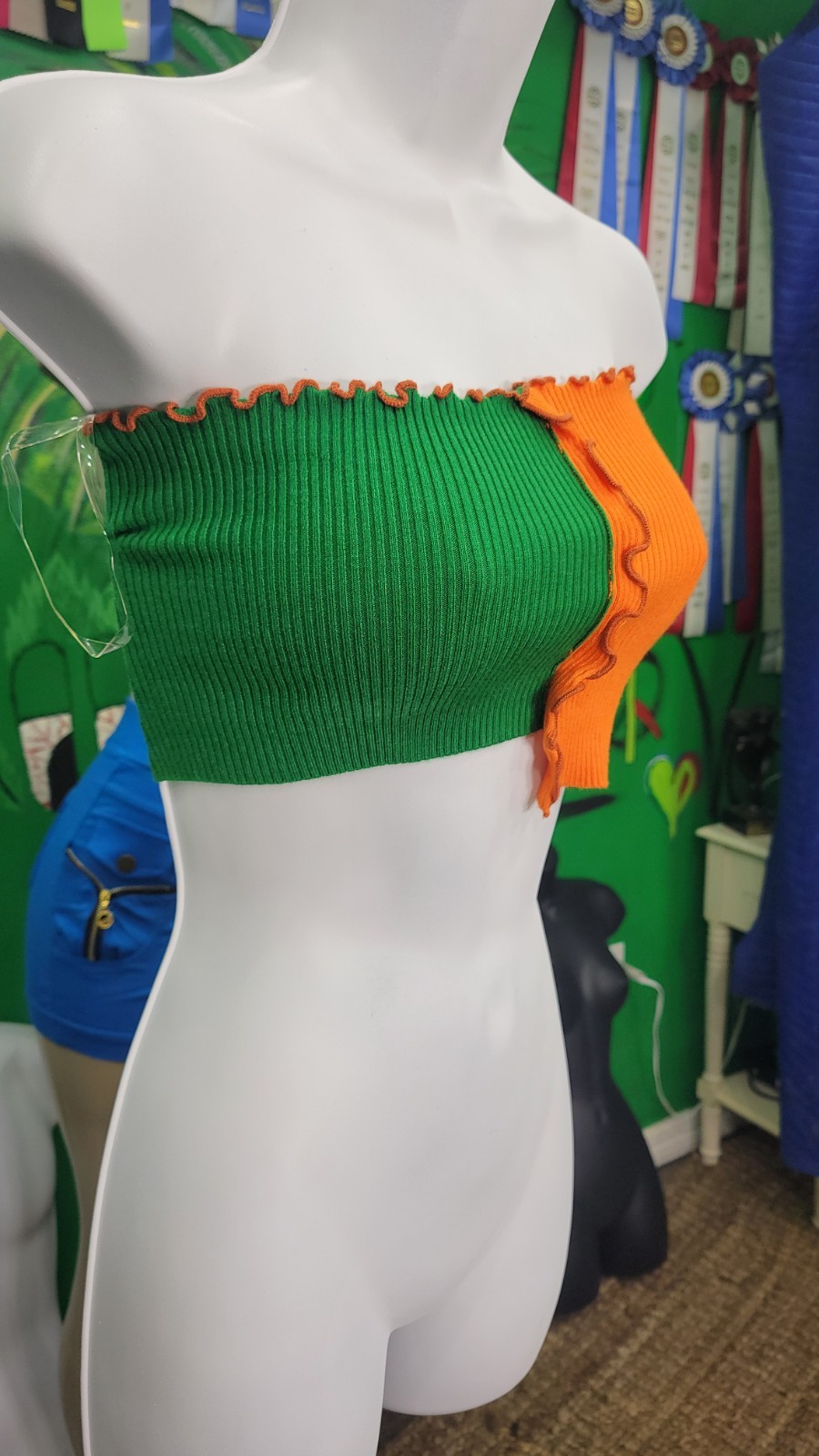 Women’s Green/Orange Colorblock Strapless Ribbed Knit Tube Crop Top S