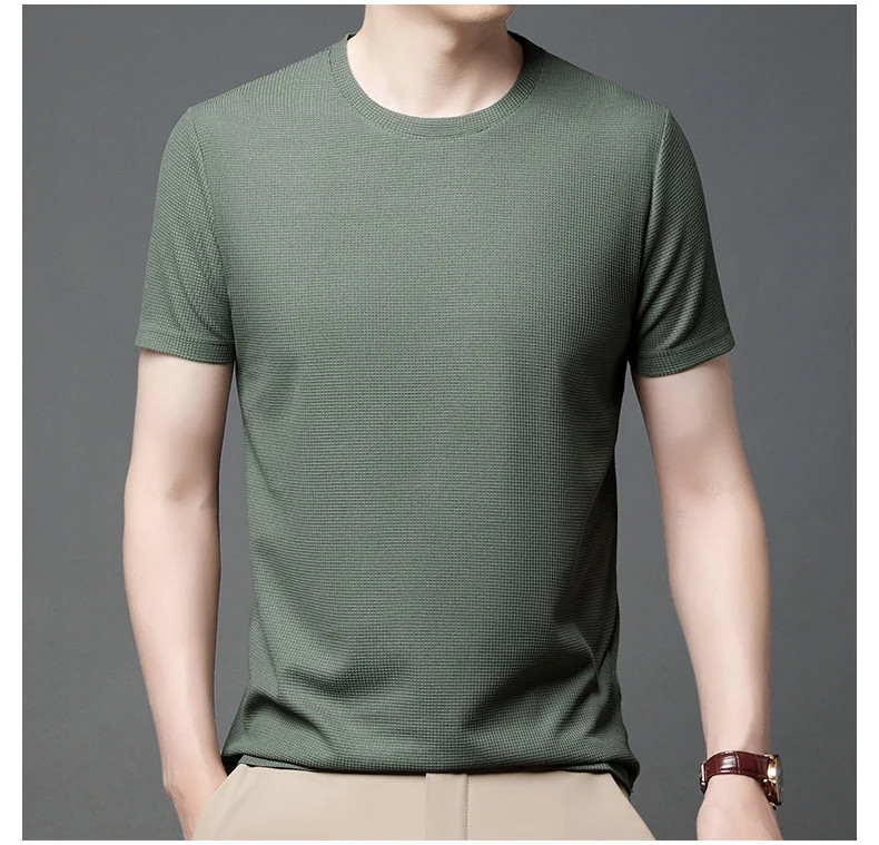 New Summer Waffle Round Neck Short Sleeved T-shirt for Men’s Short Sleeved Top
